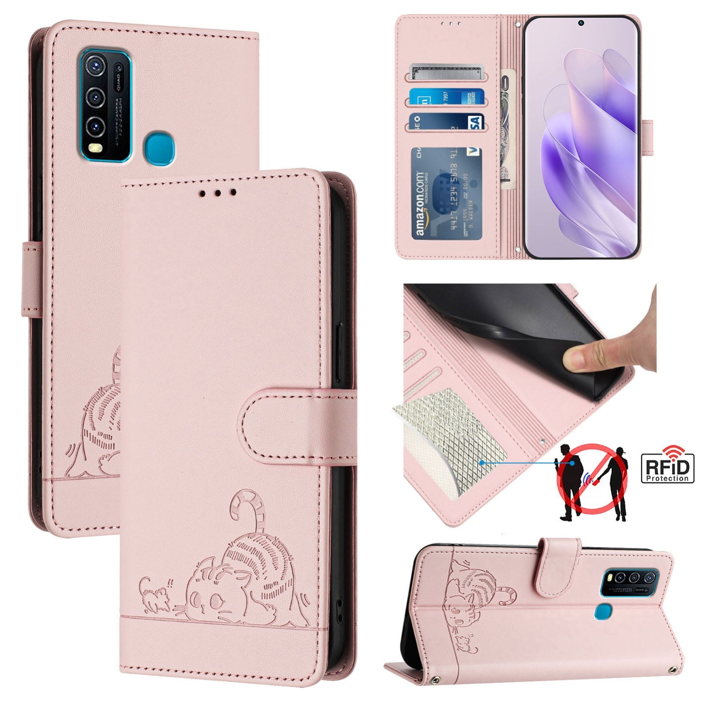For vivo Y30 4G Global Cat and Rat Embossed Pattern, RFID Leather Phone Case with Lanyard, Kickstand, and Wallet Features