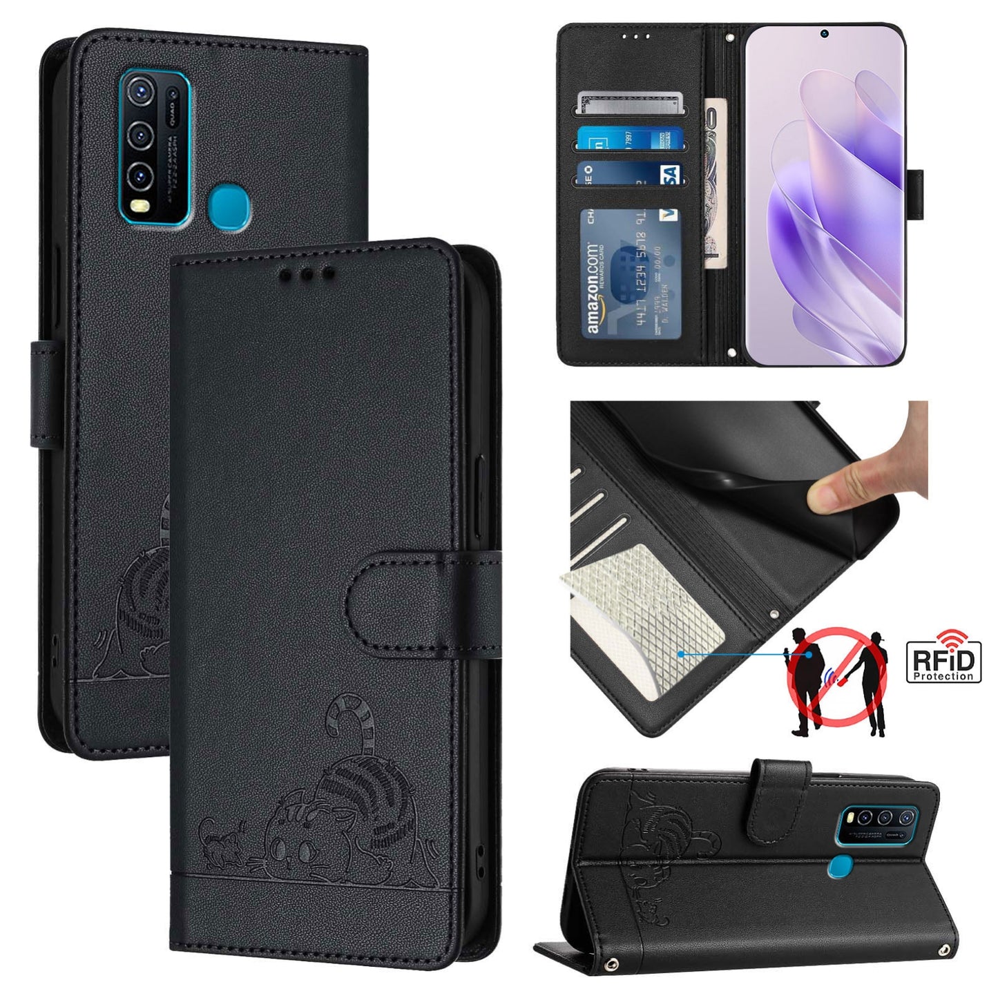 For vivo Y30 4G Global Cat and Rat Embossed Pattern, RFID Leather Phone Case with Lanyard, Kickstand, and Wallet Features