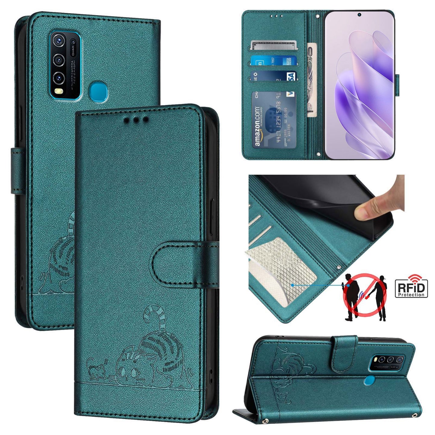 For vivo Y30 4G Global Cat and Rat Embossed Pattern, RFID Leather Phone Case with Lanyard, Kickstand, and Wallet Features