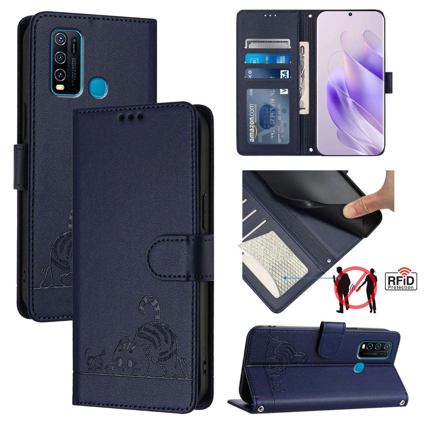 For vivo Y30 4G Global Cat and Rat Embossed Pattern, RFID Leather Phone Case with Lanyard, Kickstand, and Wallet Features