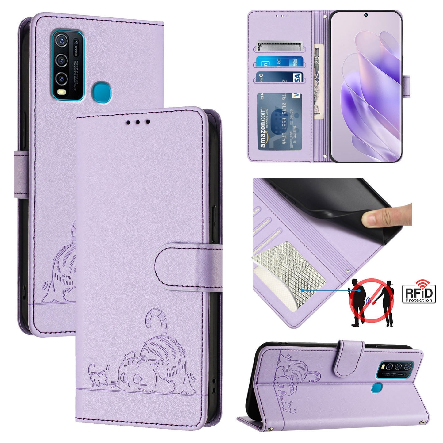 For vivo Y30 4G Global Cat and Rat Embossed Pattern, RFID Leather Phone Case with Lanyard, Kickstand, and Wallet Features