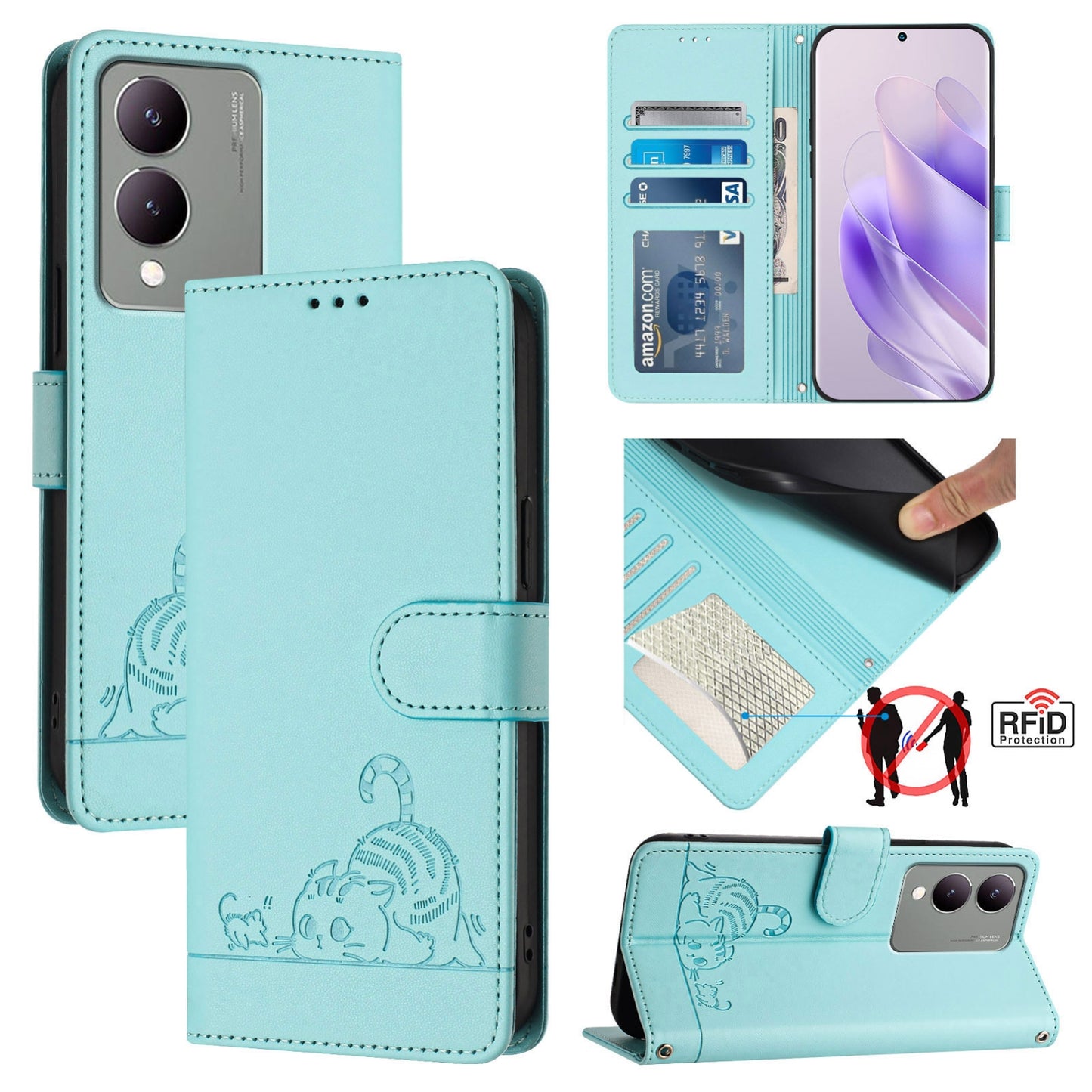 For vivo Y17S 4G Global Cat and Rat Embossed Pattern, RFID Leather Phone Case with Lanyard, Kickstand, and Wallet Features