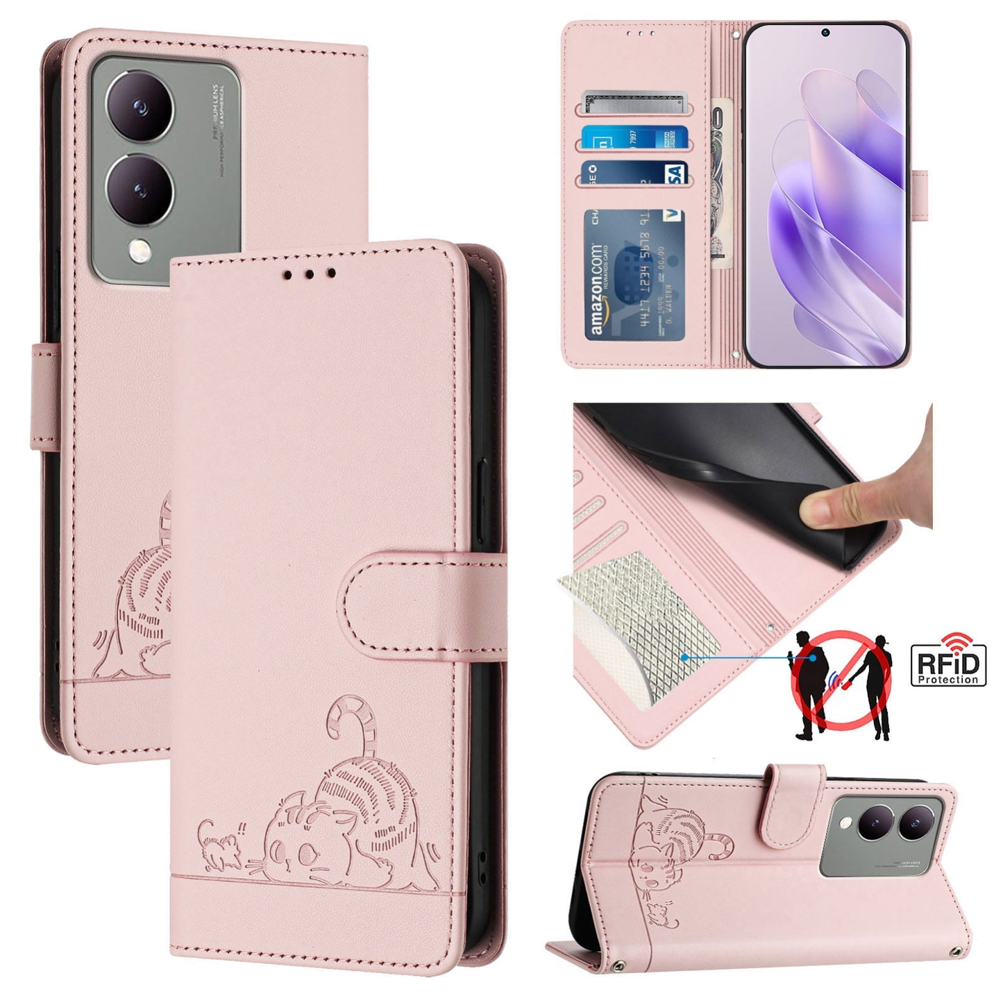 For vivo Y17S 4G Global Cat and Rat Embossed Pattern, RFID Leather Phone Case with Lanyard, Kickstand, and Wallet Features