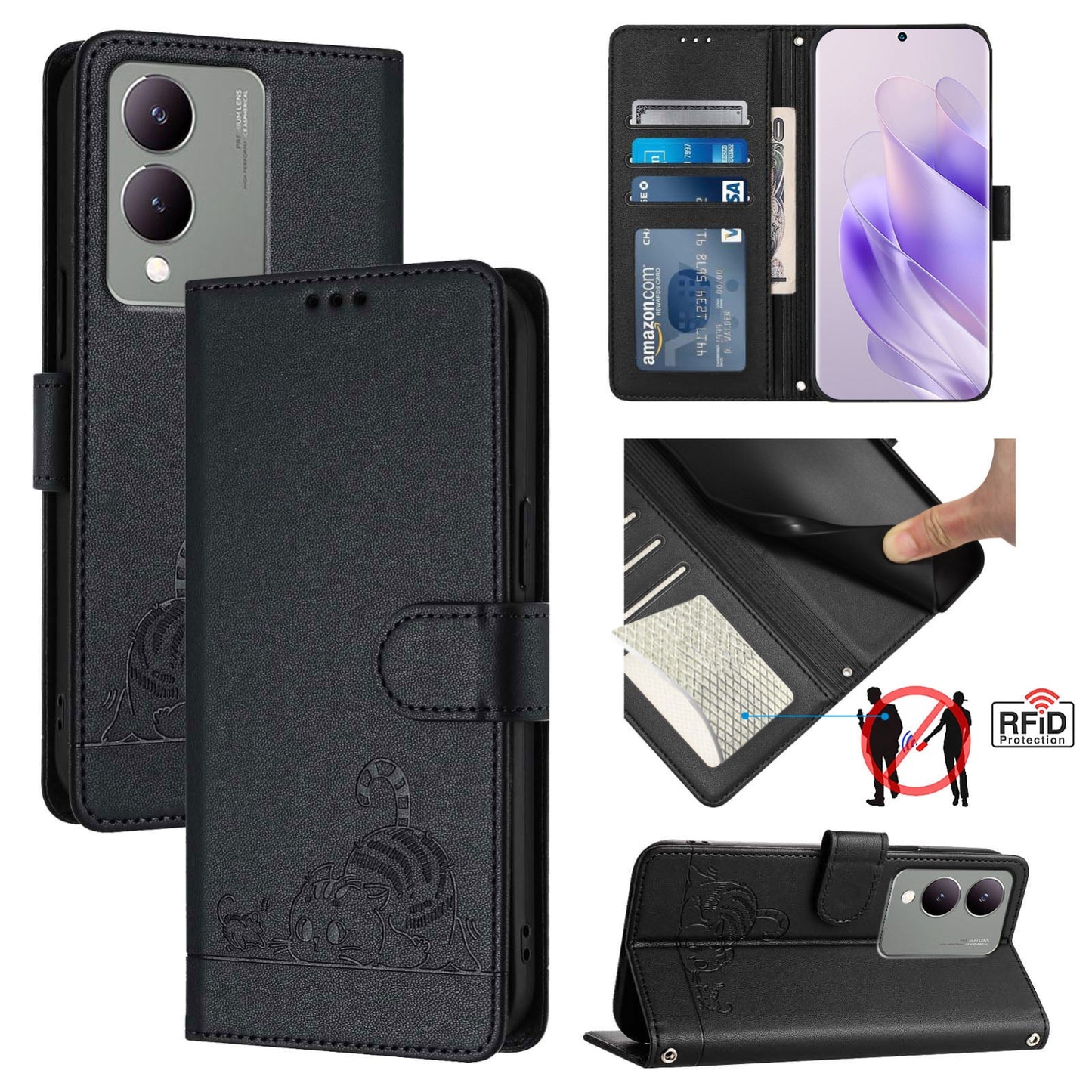 For vivo Y17S 4G Global Cat and Rat Embossed Pattern, RFID Leather Phone Case with Lanyard, Kickstand, and Wallet Features