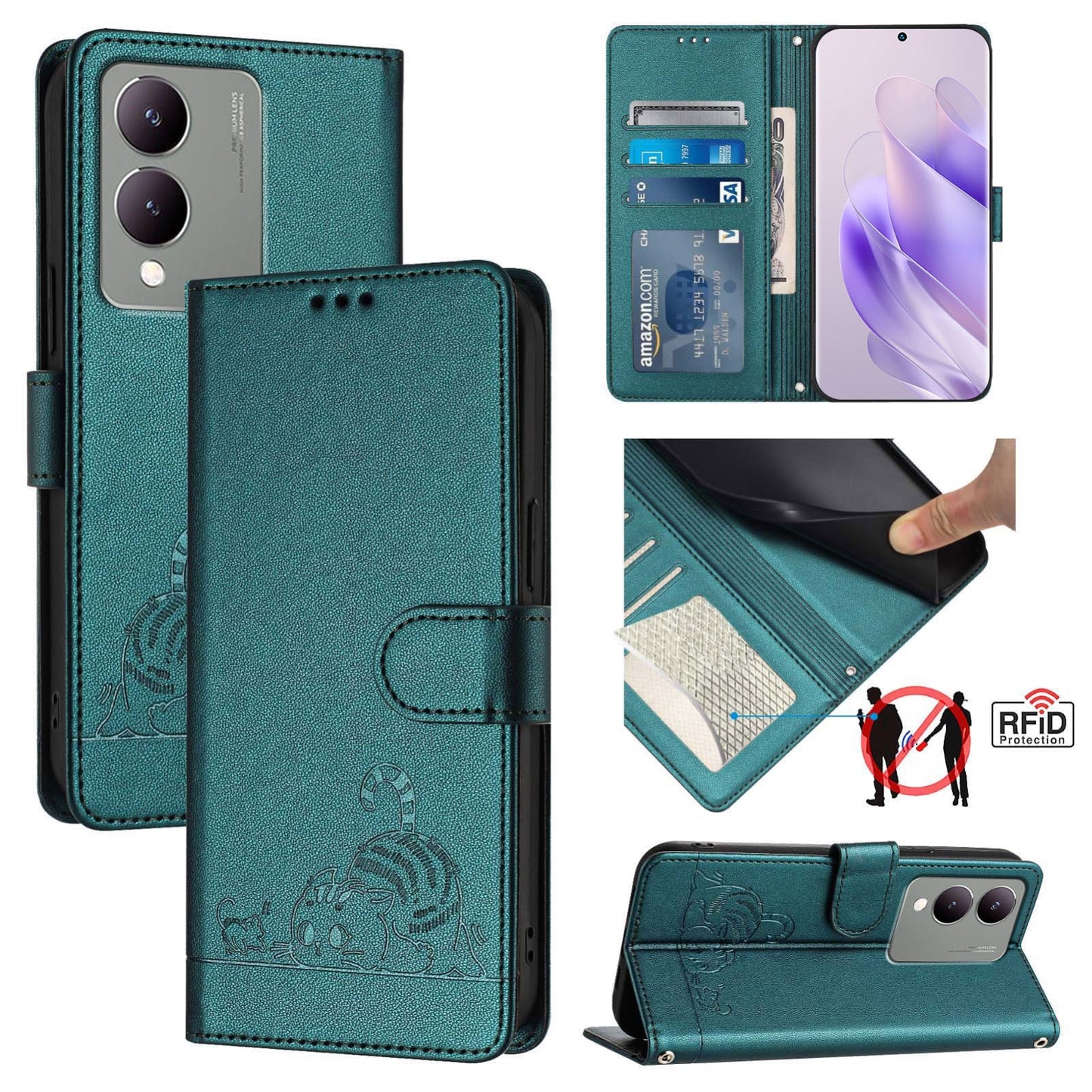 For vivo Y17S 4G Global Cat and Rat Embossed Pattern, RFID Leather Phone Case with Lanyard, Kickstand, and Wallet Features