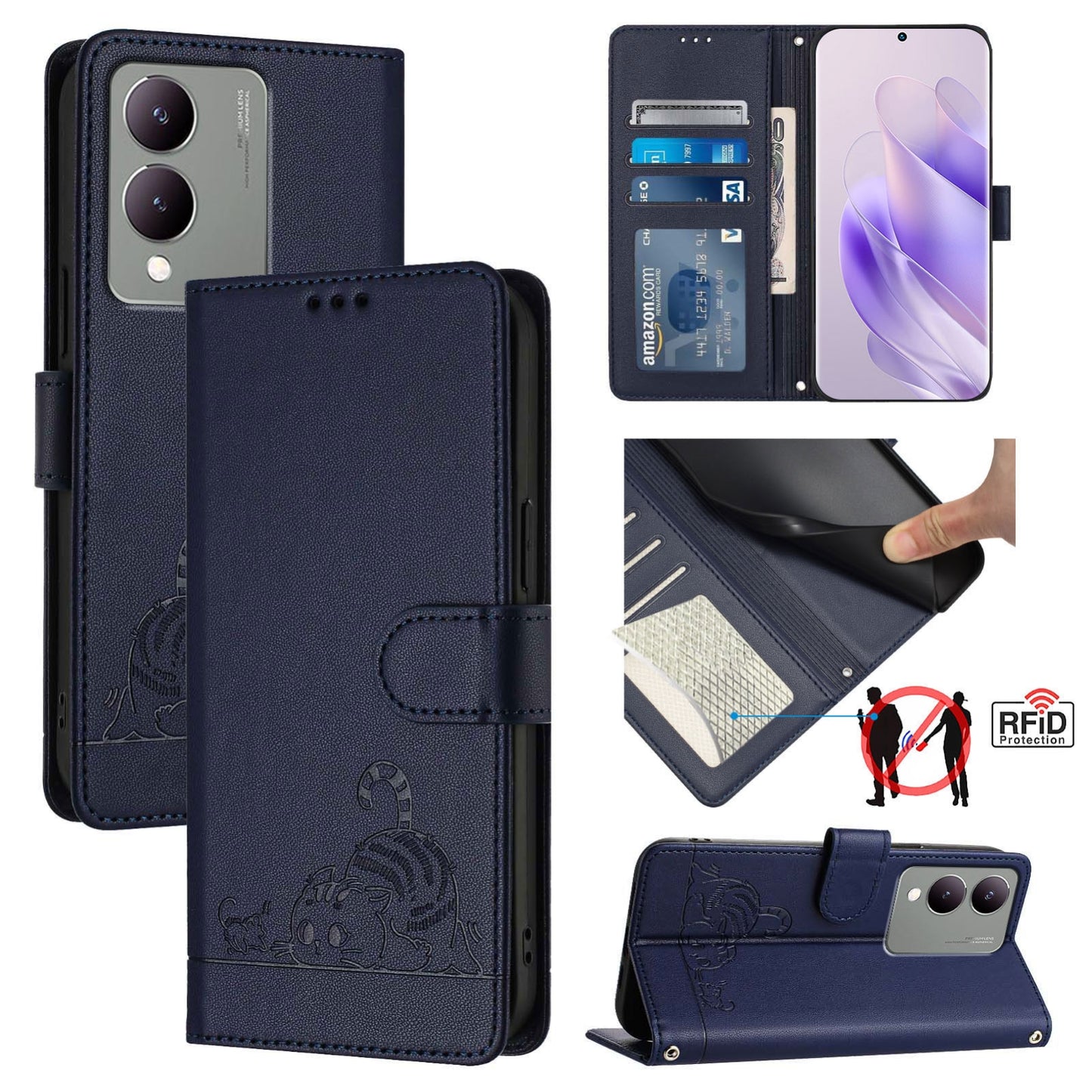 For vivo Y17S 4G Global Cat and Rat Embossed Pattern, RFID Leather Phone Case with Lanyard, Kickstand, and Wallet Features