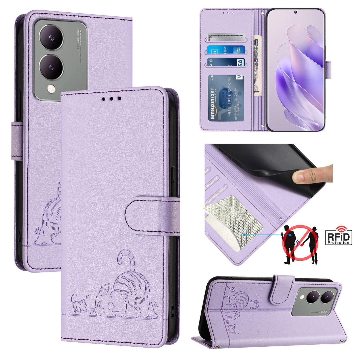 For vivo Y17S 4G Global Cat and Rat Embossed Pattern, RFID Leather Phone Case with Lanyard, Kickstand, and Wallet Features