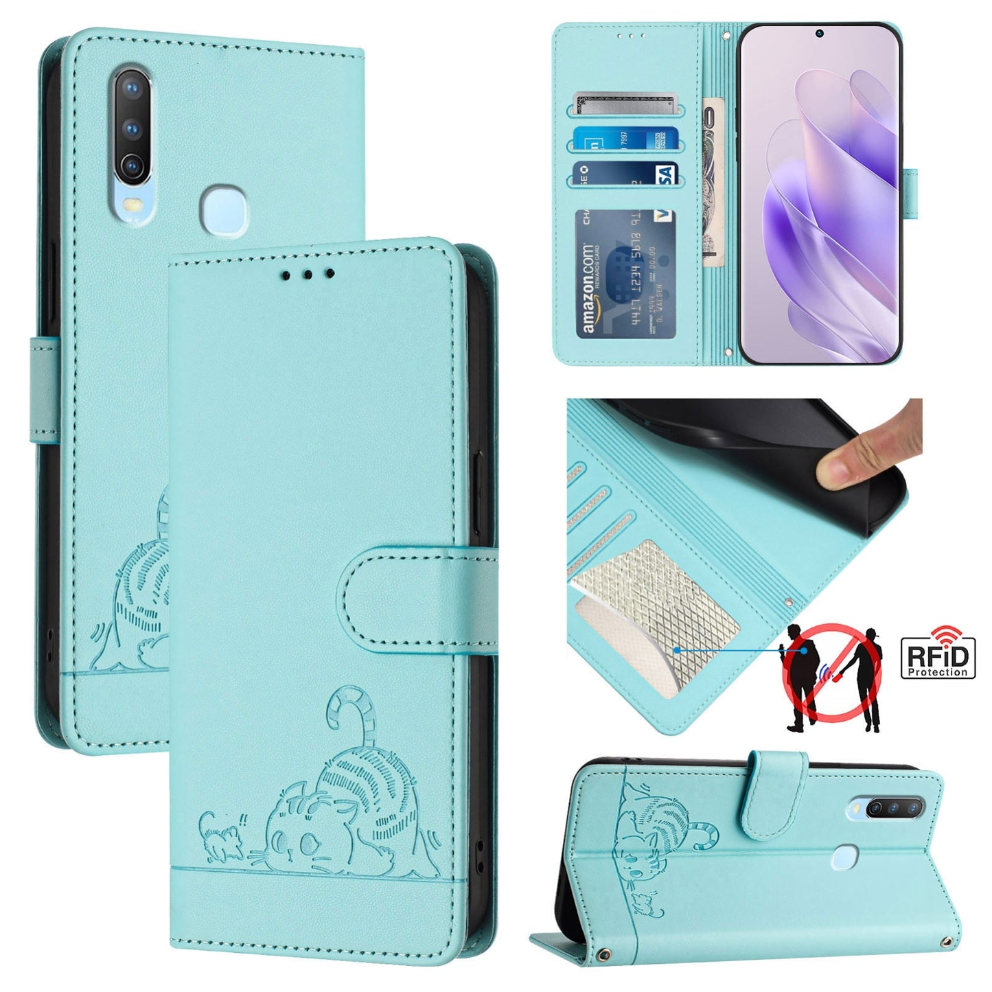 For vivo Y17 Cat and Rat Embossed Pattern, RFID Leather Phone Case with Lanyard, Kickstand, and Wallet Features