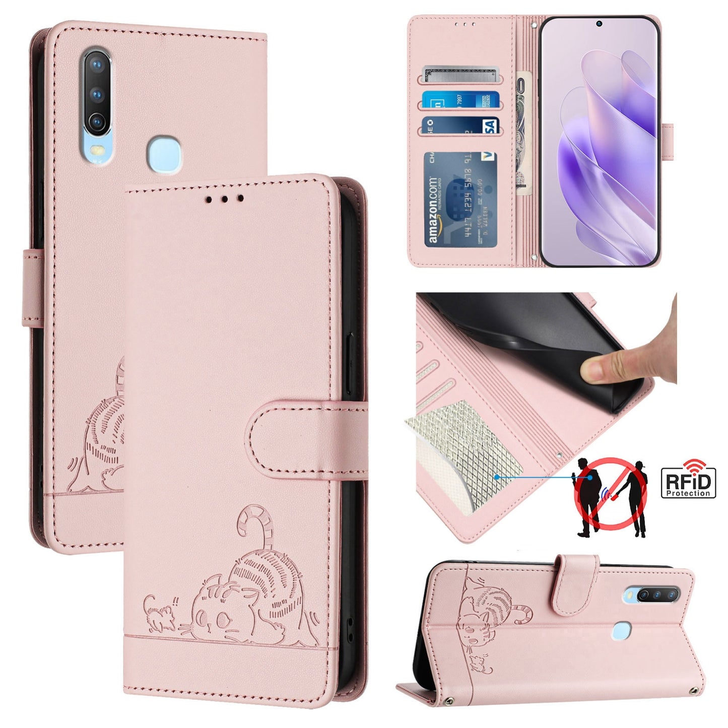 For vivo Y17 Cat and Rat Embossed Pattern, RFID Leather Phone Case with Lanyard, Kickstand, and Wallet Features