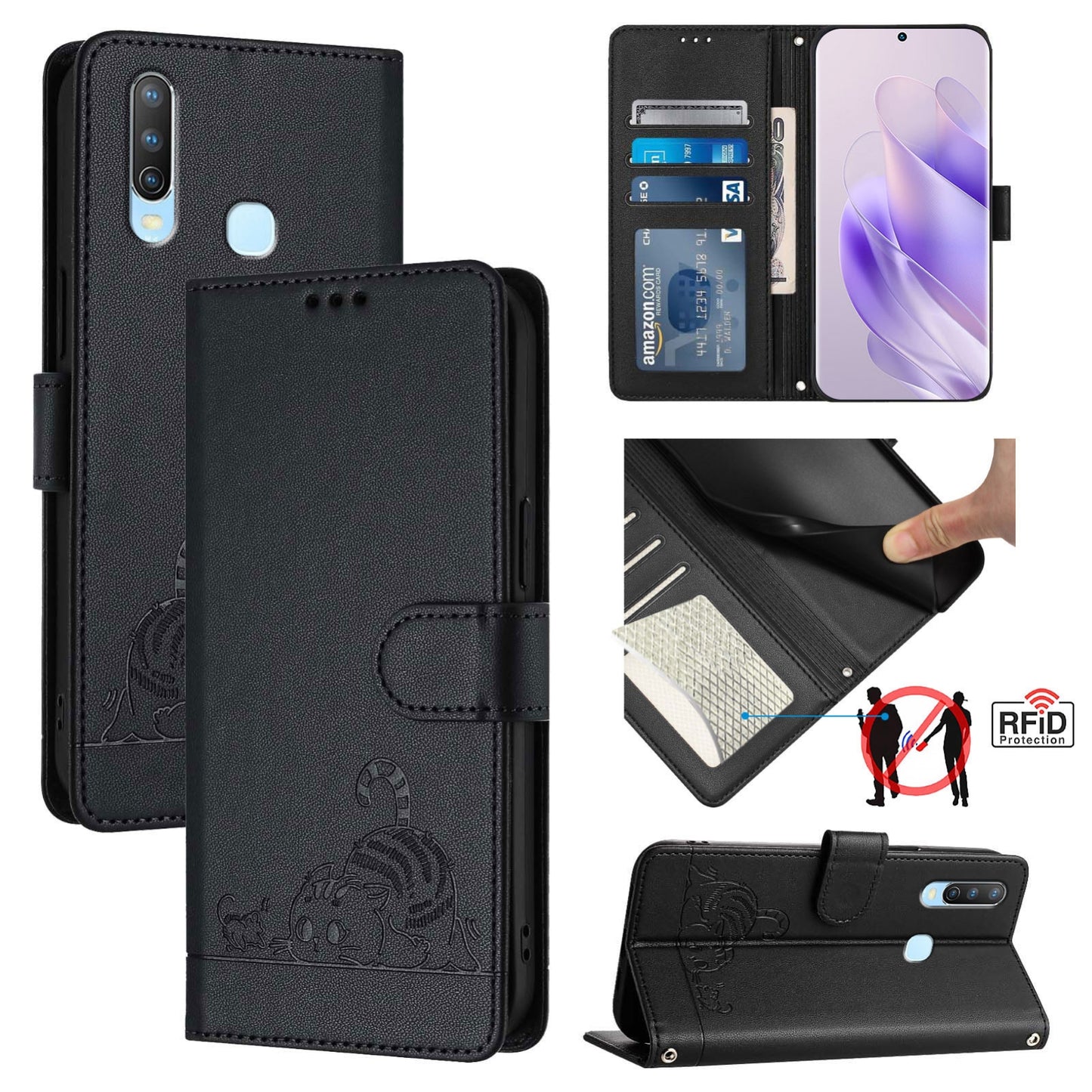 For vivo Y17 Cat and Rat Embossed Pattern, RFID Leather Phone Case with Lanyard, Kickstand, and Wallet Features