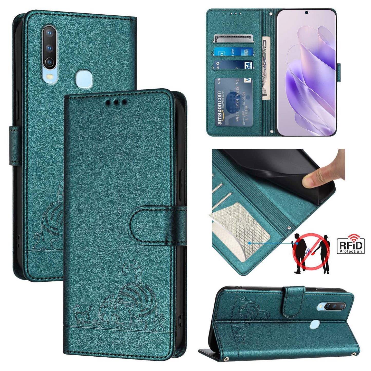 For vivo Y17 Cat and Rat Embossed Pattern, RFID Leather Phone Case with Lanyard, Kickstand, and Wallet Features