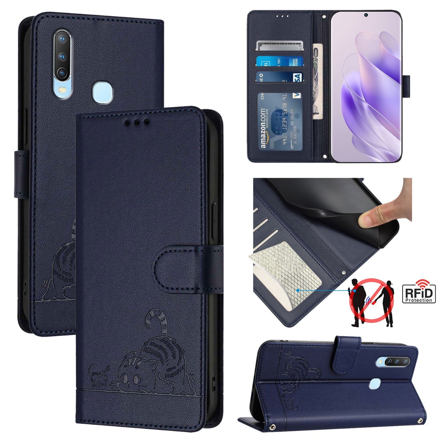 For vivo Y17 Cat and Rat Embossed Pattern, RFID Leather Phone Case with Lanyard, Kickstand, and Wallet Features