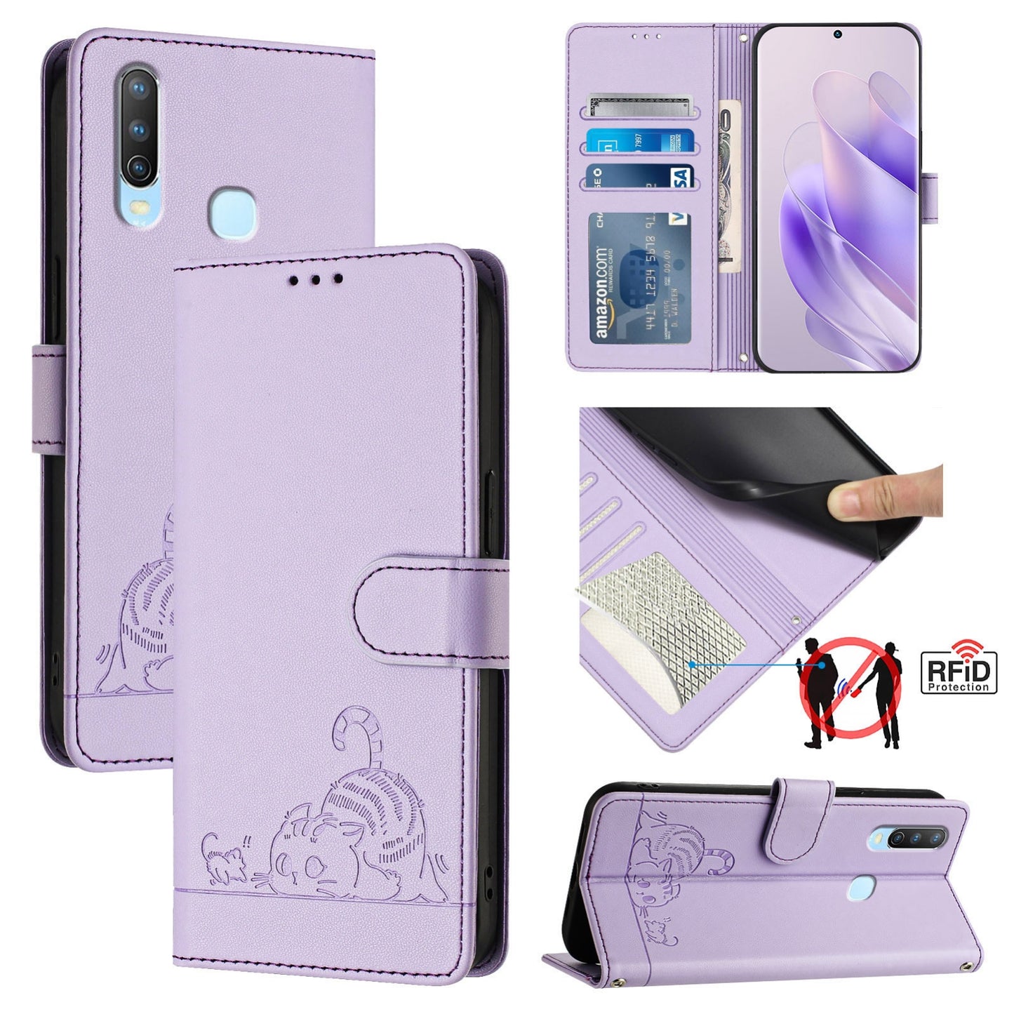 For vivo Y17 Cat and Rat Embossed Pattern, RFID Leather Phone Case with Lanyard, Kickstand, and Wallet Features