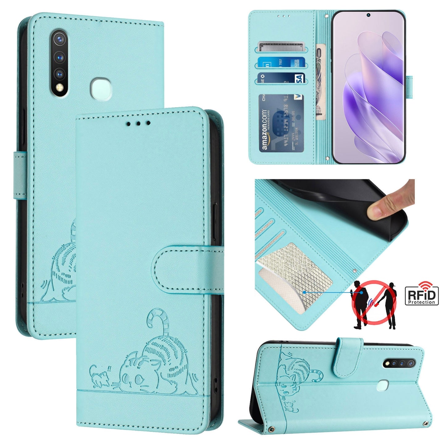For vivo Z5i Cat and Rat Embossed Pattern, RFID Leather Phone Case with Lanyard, Kickstand, and Wallet Features