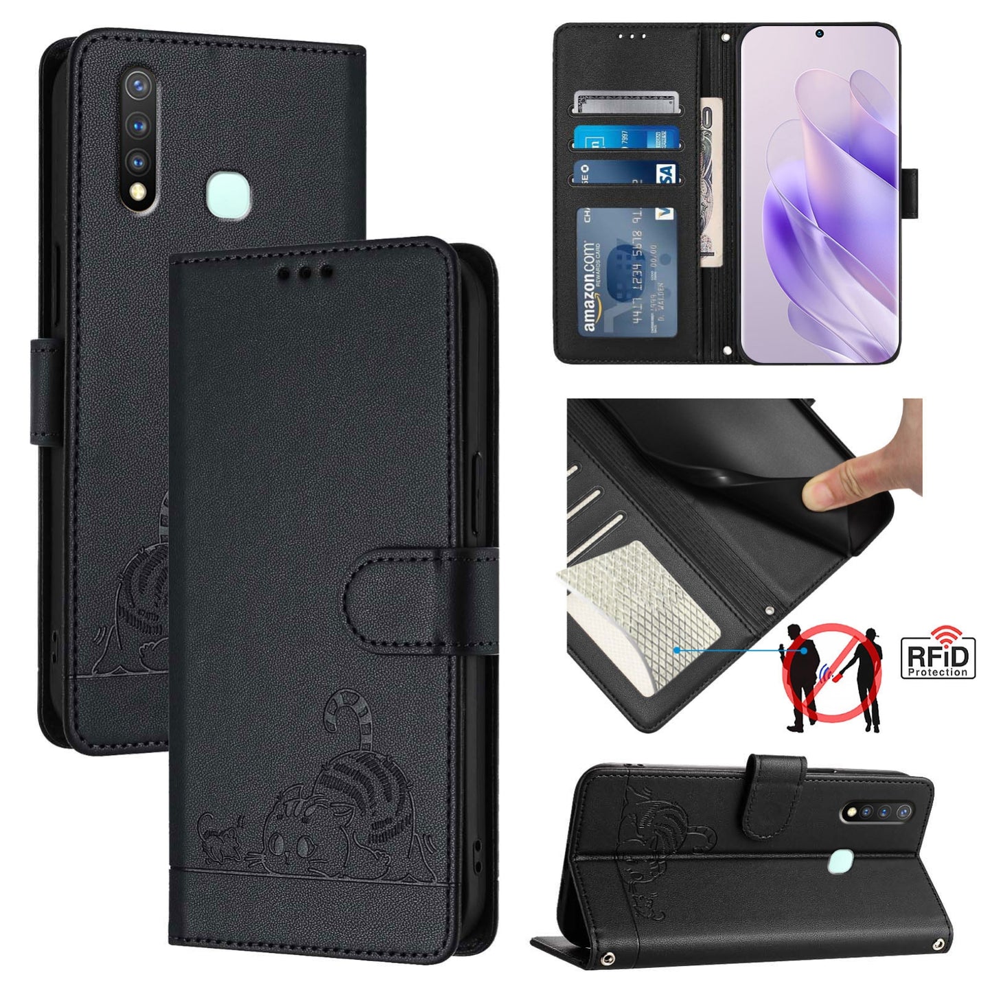 For vivo Z5i Cat and Rat Embossed Pattern, RFID Leather Phone Case with Lanyard, Kickstand, and Wallet Features