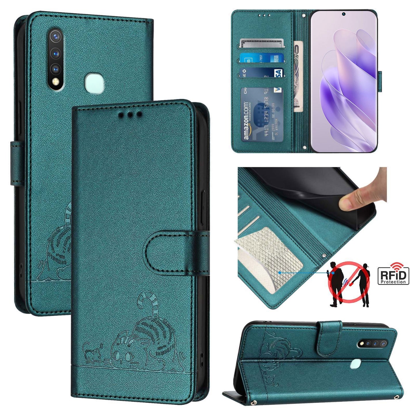 For vivo Z5i Cat and Rat Embossed Pattern, RFID Leather Phone Case with Lanyard, Kickstand, and Wallet Features