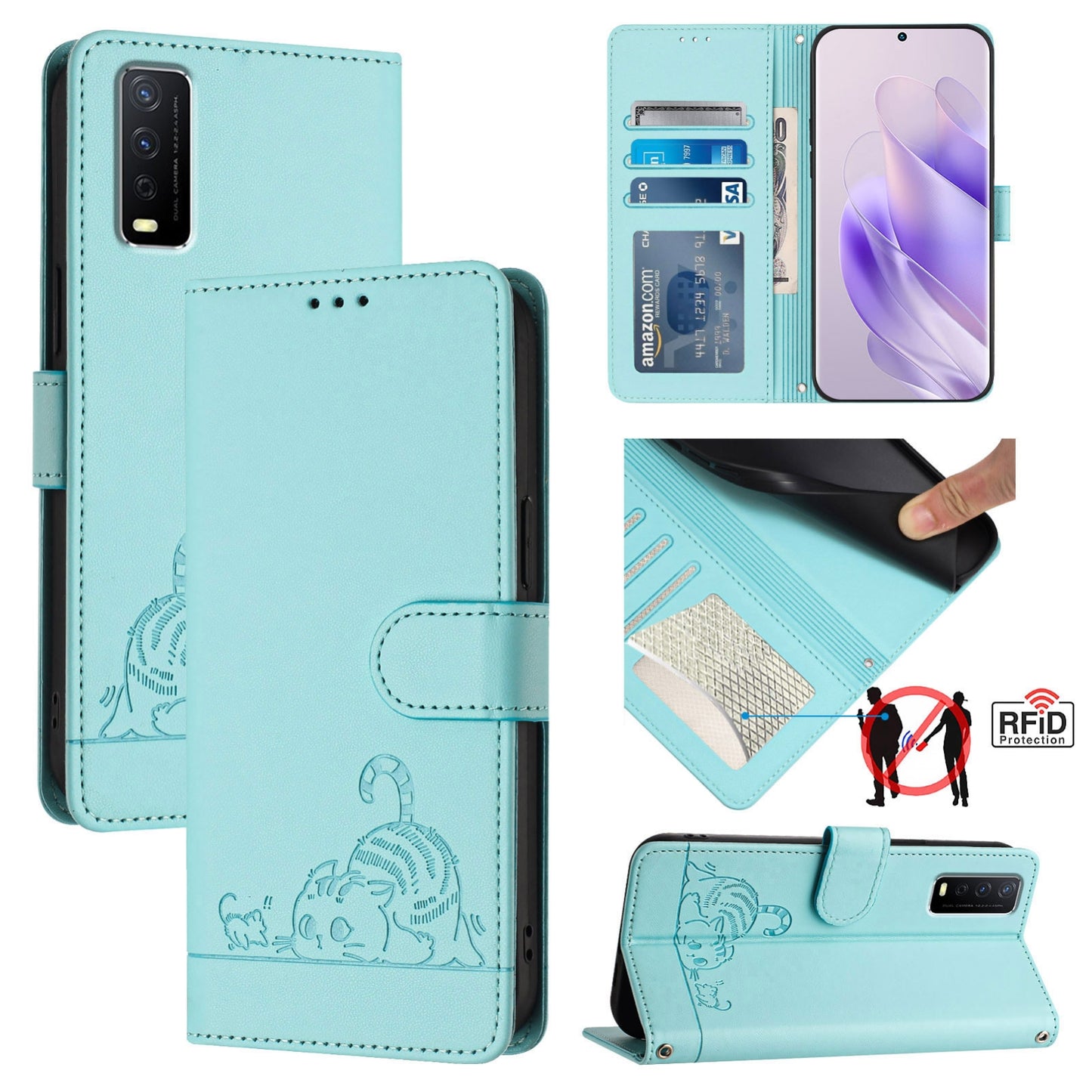 For vivo Y20S Cat and Rat Embossed Pattern, RFID Leather Phone Case with Lanyard, Kickstand, and Wallet Features
