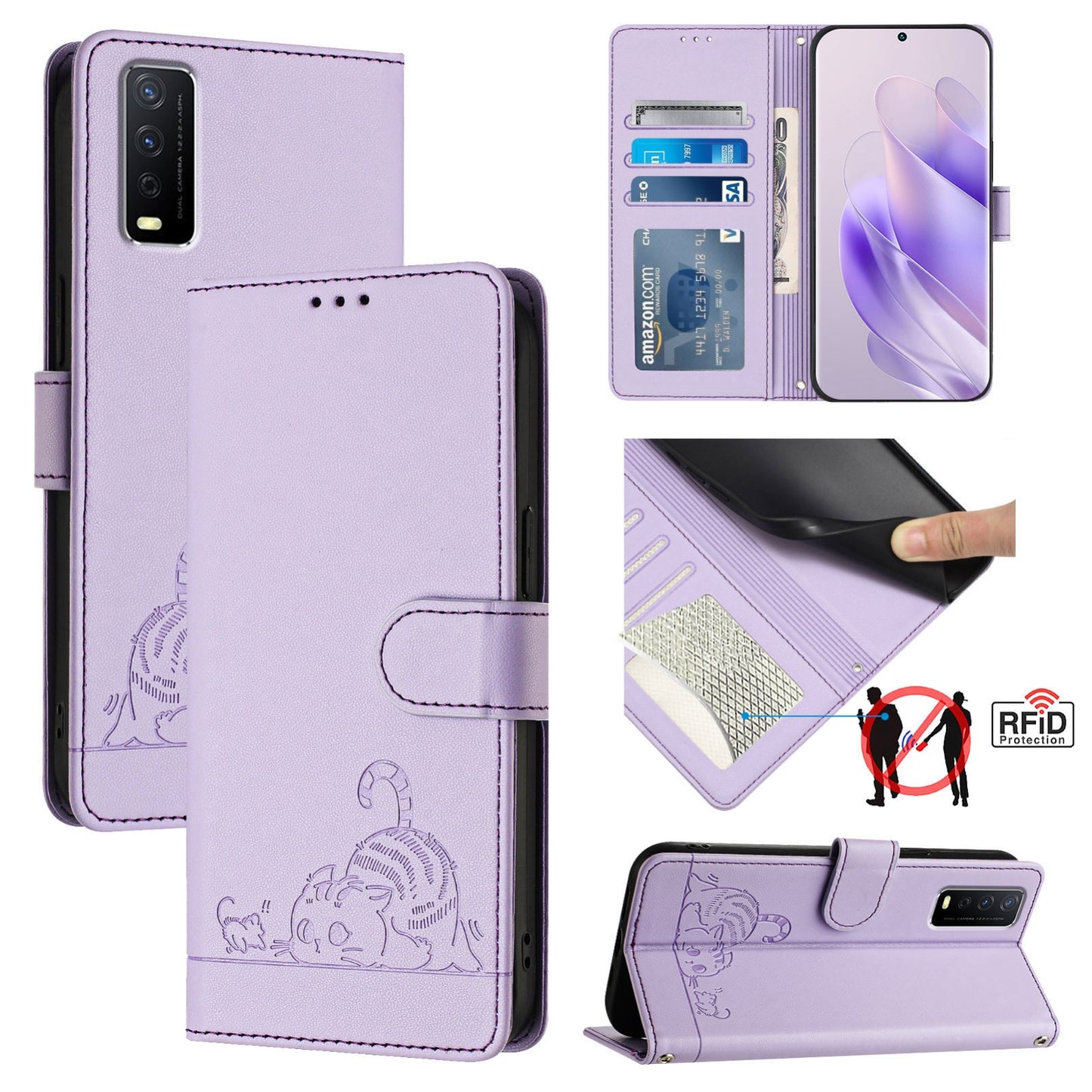 For vivo Y20S Cat and Rat Embossed Pattern, RFID Leather Phone Case with Lanyard, Kickstand, and Wallet Features