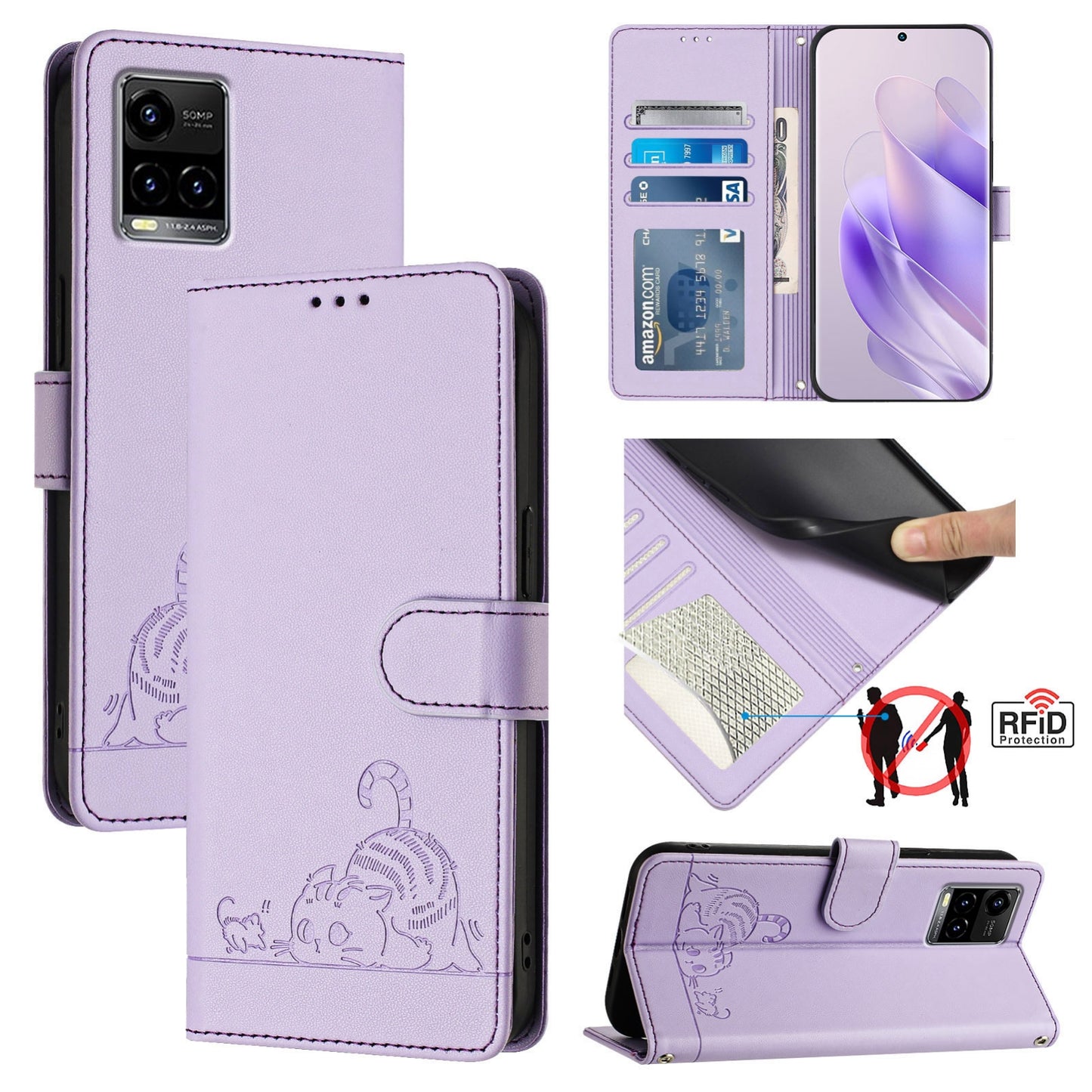 For vivo Y33S 4G Global Cat and Rat Embossed Pattern, RFID Leather Phone Case with Lanyard, Kickstand, and Wallet Features