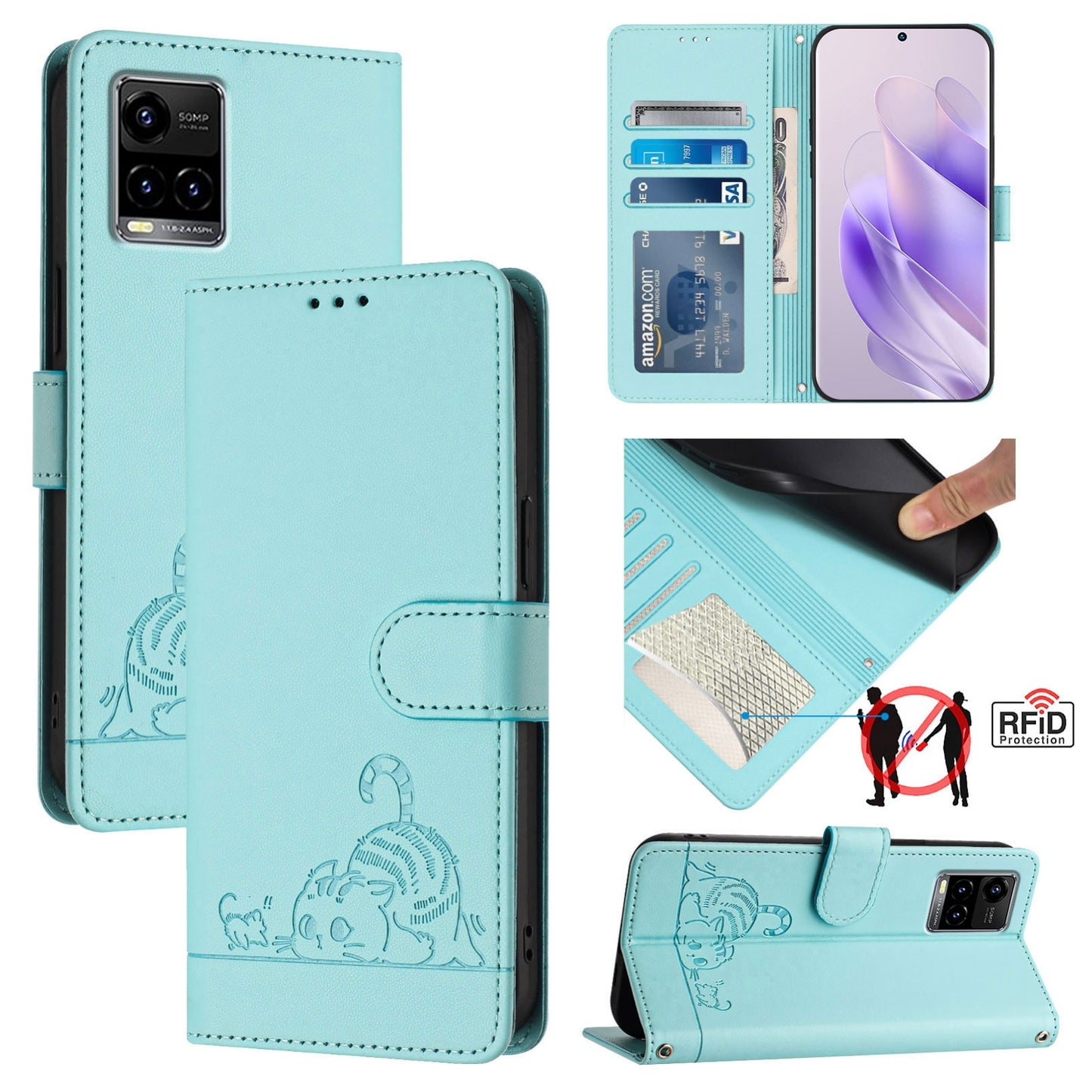For vivo Y21S Cat and Rat Embossed Pattern, RFID Leather Phone Case with Lanyard, Kickstand, and Wallet Features