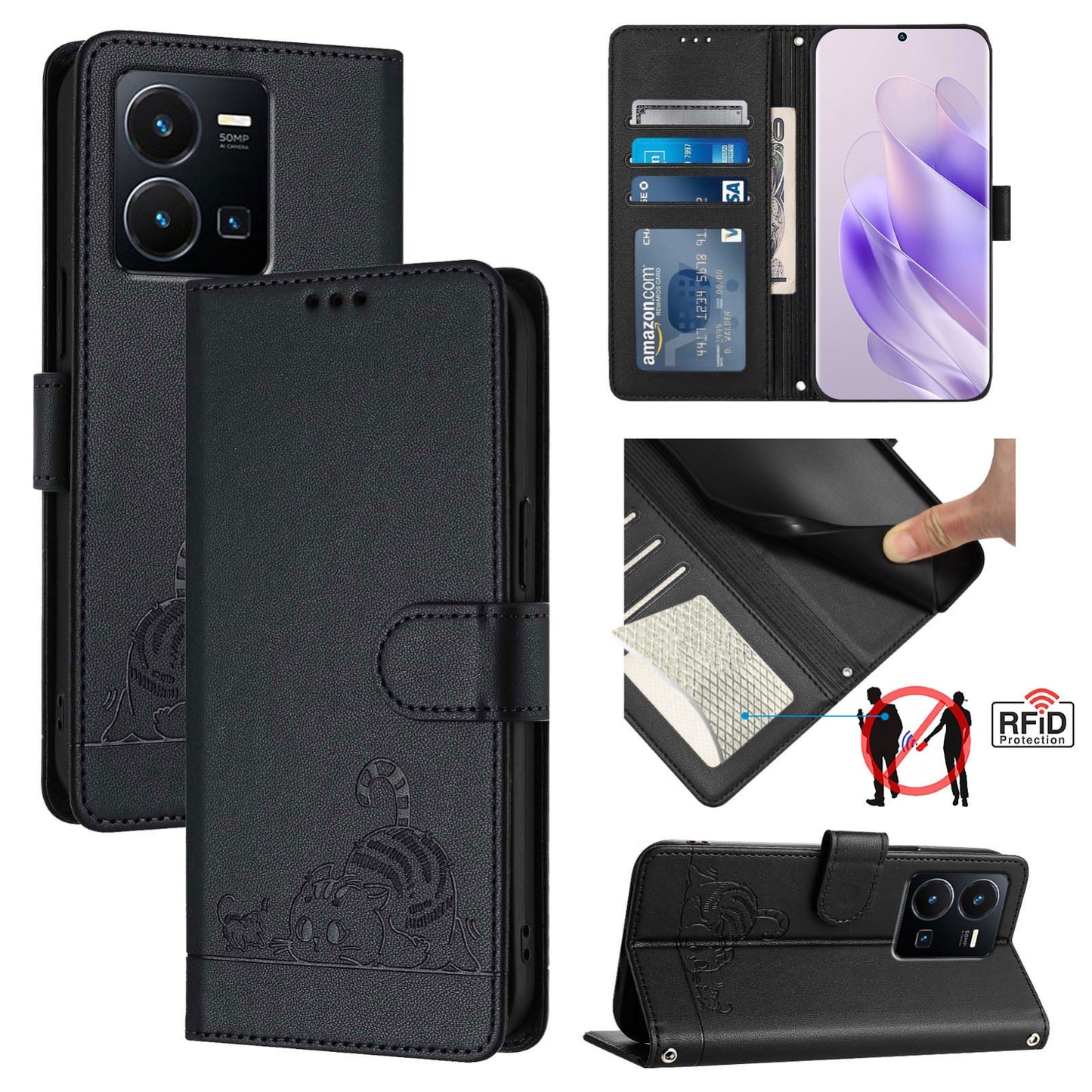 For vivo Y77E 5G Cat and Rat Embossed Pattern, RFID Leather Phone Case with Lanyard, Kickstand, and Wallet Features