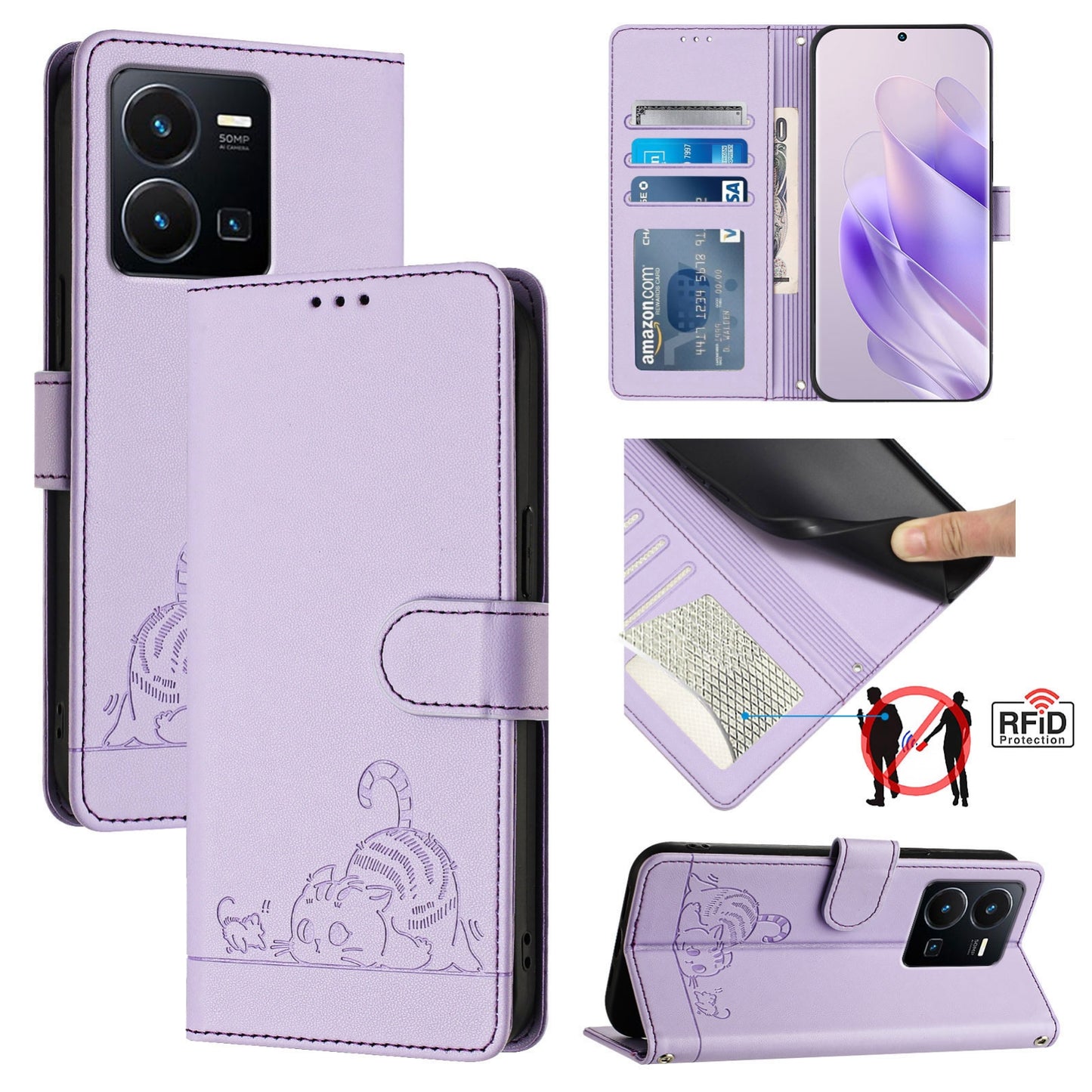 For vivo Y77E 5G Cat and Rat Embossed Pattern, RFID Leather Phone Case with Lanyard, Kickstand, and Wallet Features