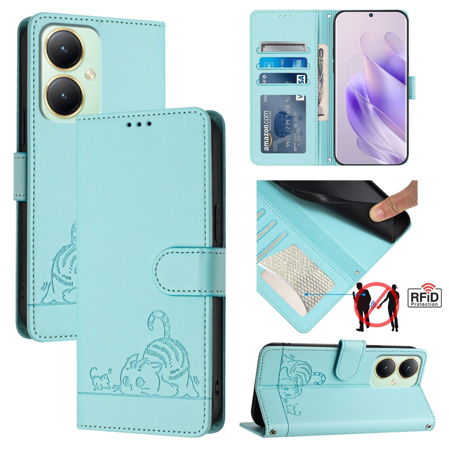 For vivo Y27 4G 2023 Global Cat and Rat Embossed Pattern, RFID Leather Phone Case with Lanyard, Kickstand, and Wallet Features