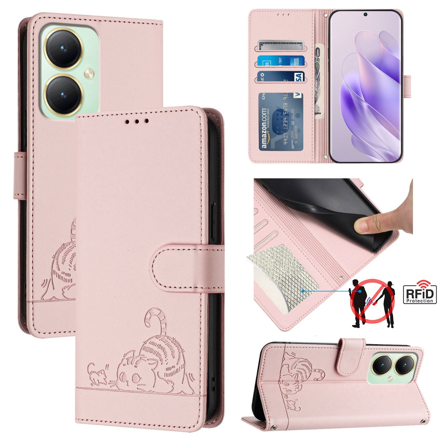 For vivo Y27 4G 2023 Global Cat and Rat Embossed Pattern, RFID Leather Phone Case with Lanyard, Kickstand, and Wallet Features