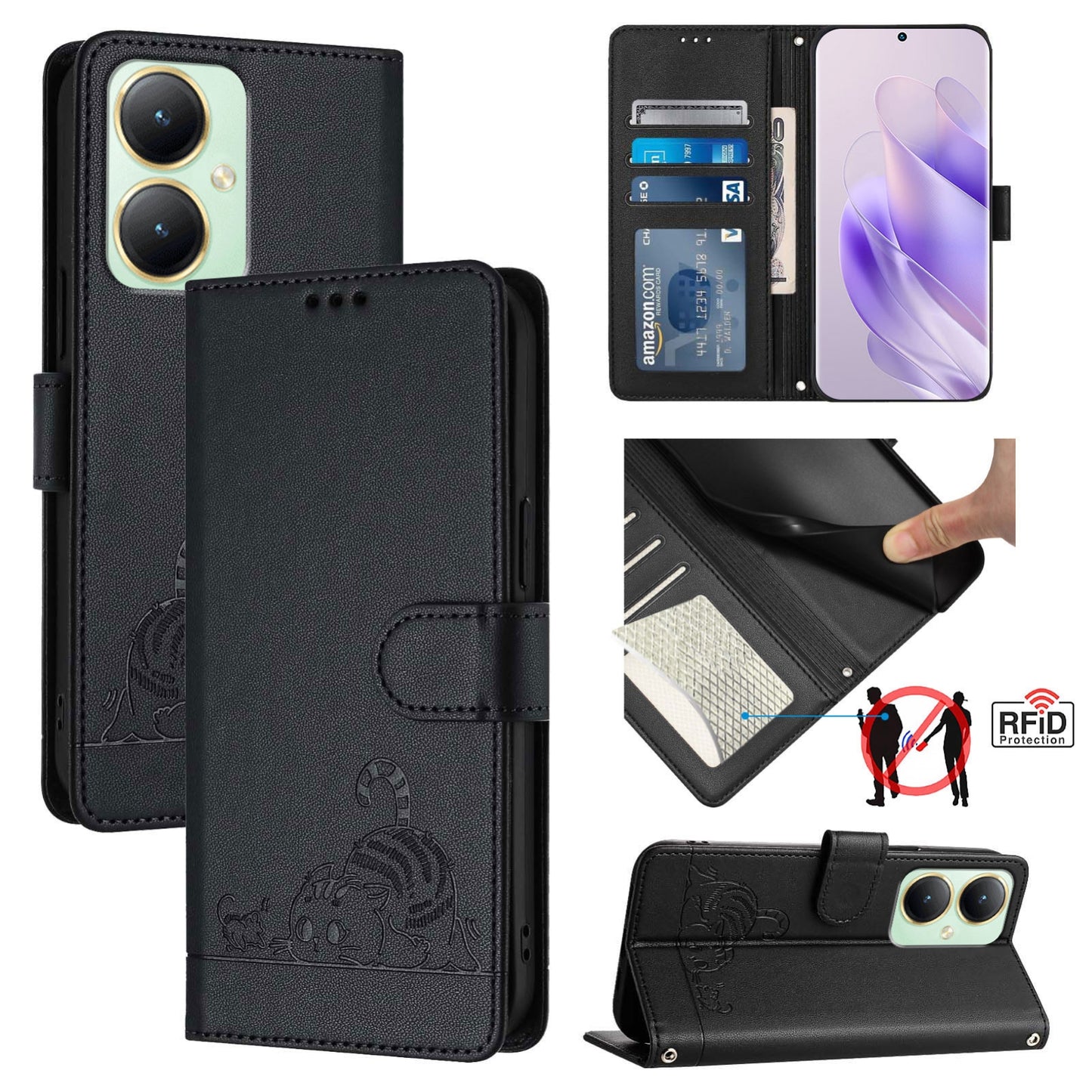 For vivo Y27 4G 2023 Global Cat and Rat Embossed Pattern, RFID Leather Phone Case with Lanyard, Kickstand, and Wallet Features