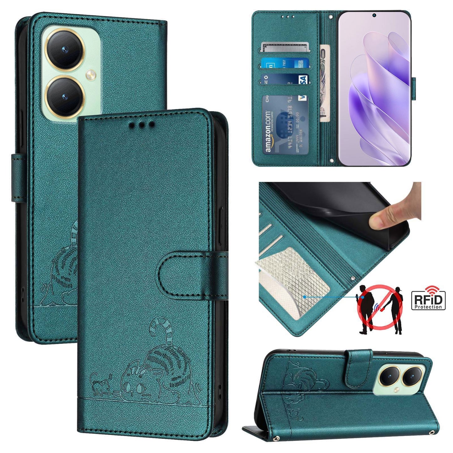 For vivo Y27 4G 2023 Global Cat and Rat Embossed Pattern, RFID Leather Phone Case with Lanyard, Kickstand, and Wallet Features