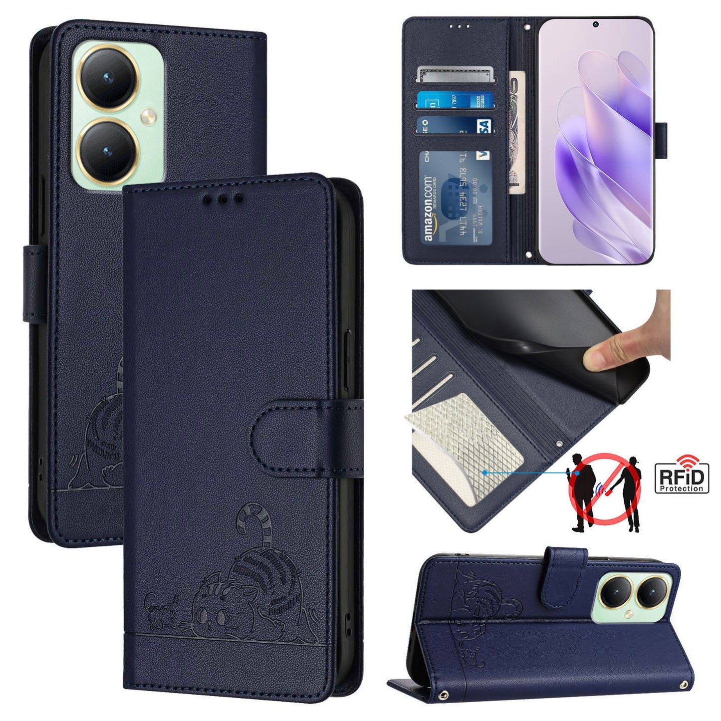 For vivo Y27 4G 2023 Global Cat and Rat Embossed Pattern, RFID Leather Phone Case with Lanyard, Kickstand, and Wallet Features