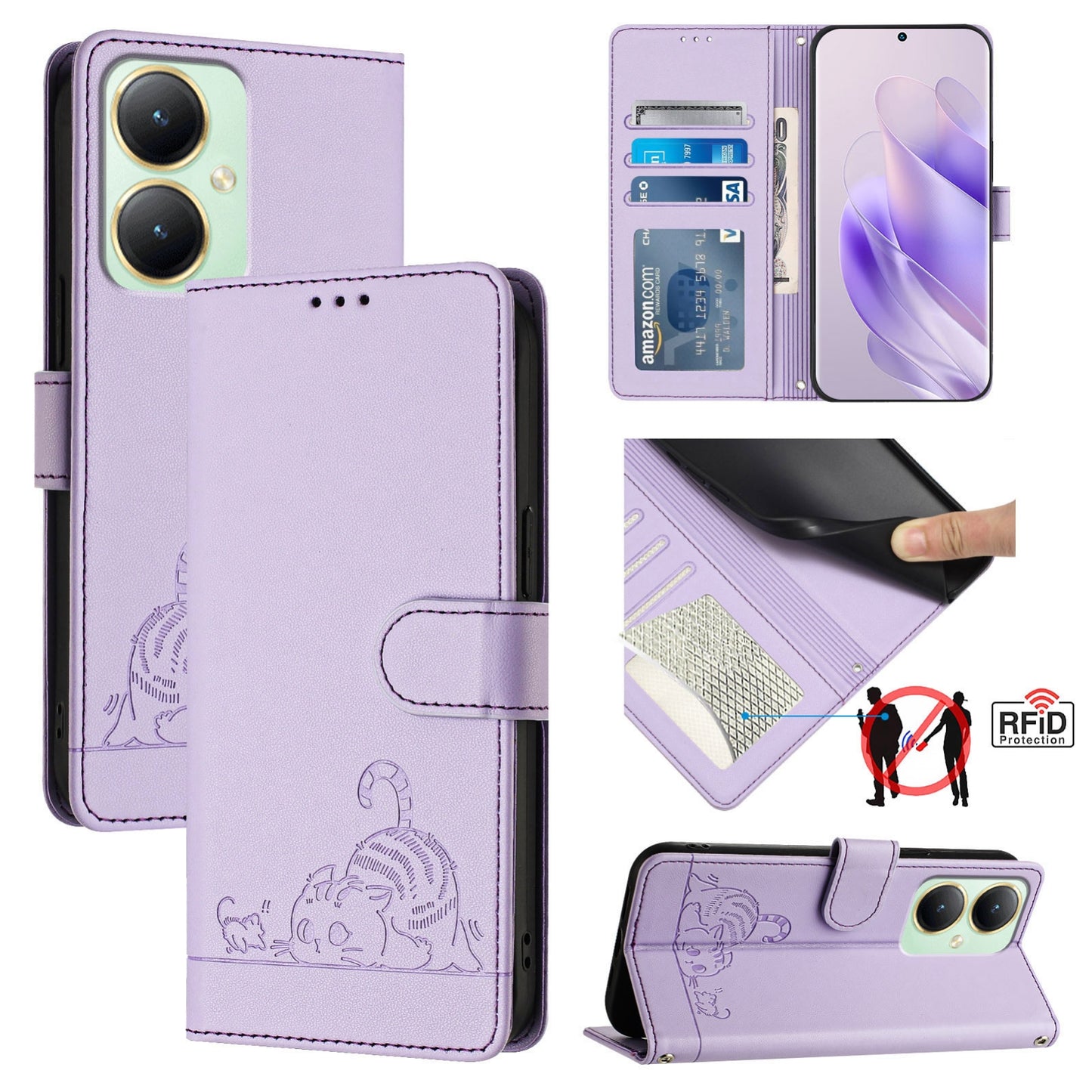 For vivo Y27 4G 2023 Global Cat and Rat Embossed Pattern, RFID Leather Phone Case with Lanyard, Kickstand, and Wallet Features