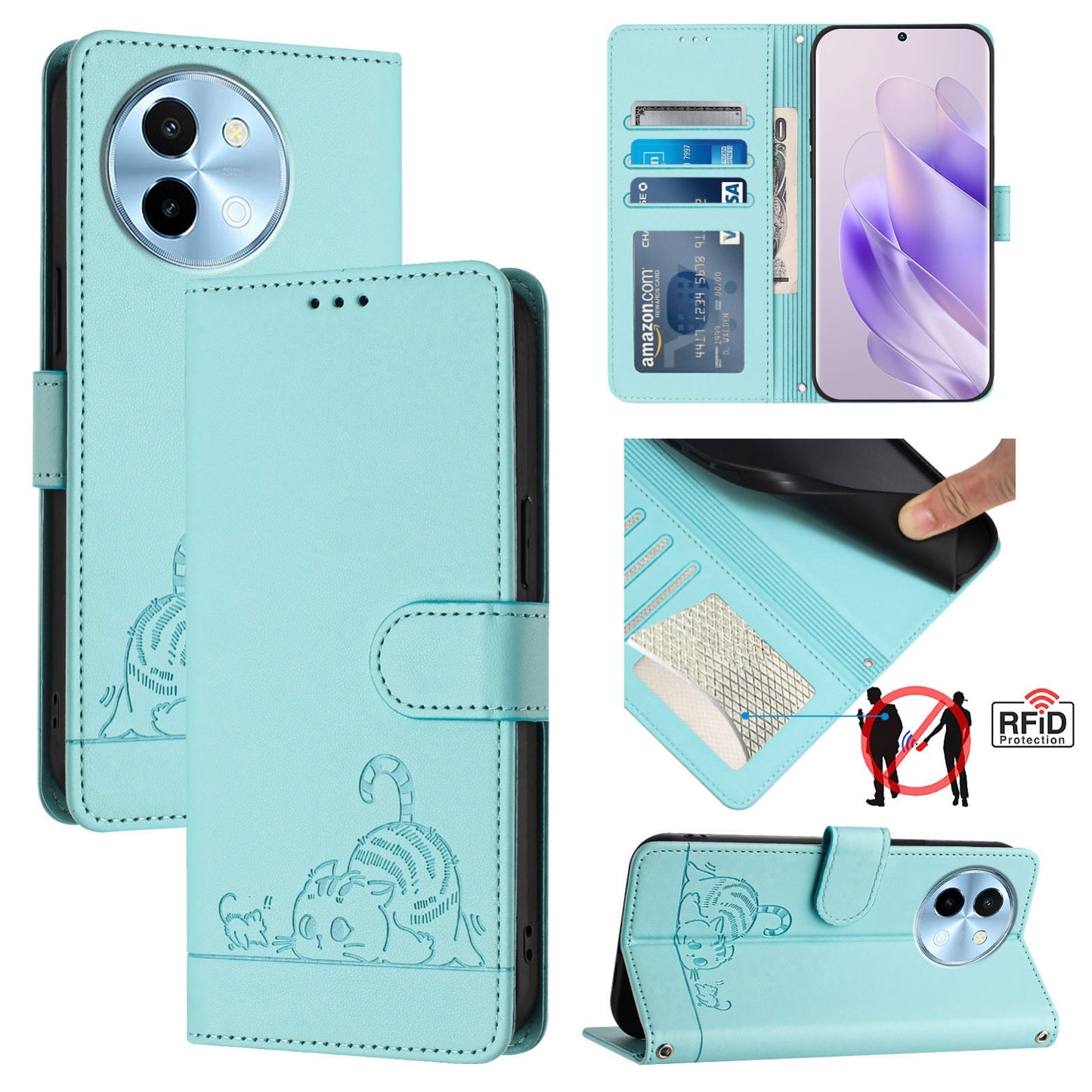 For vivo Y38 5G Cat and Rat Embossed Pattern, RFID Leather Phone Case with Lanyard, Kickstand, and Wallet Features
