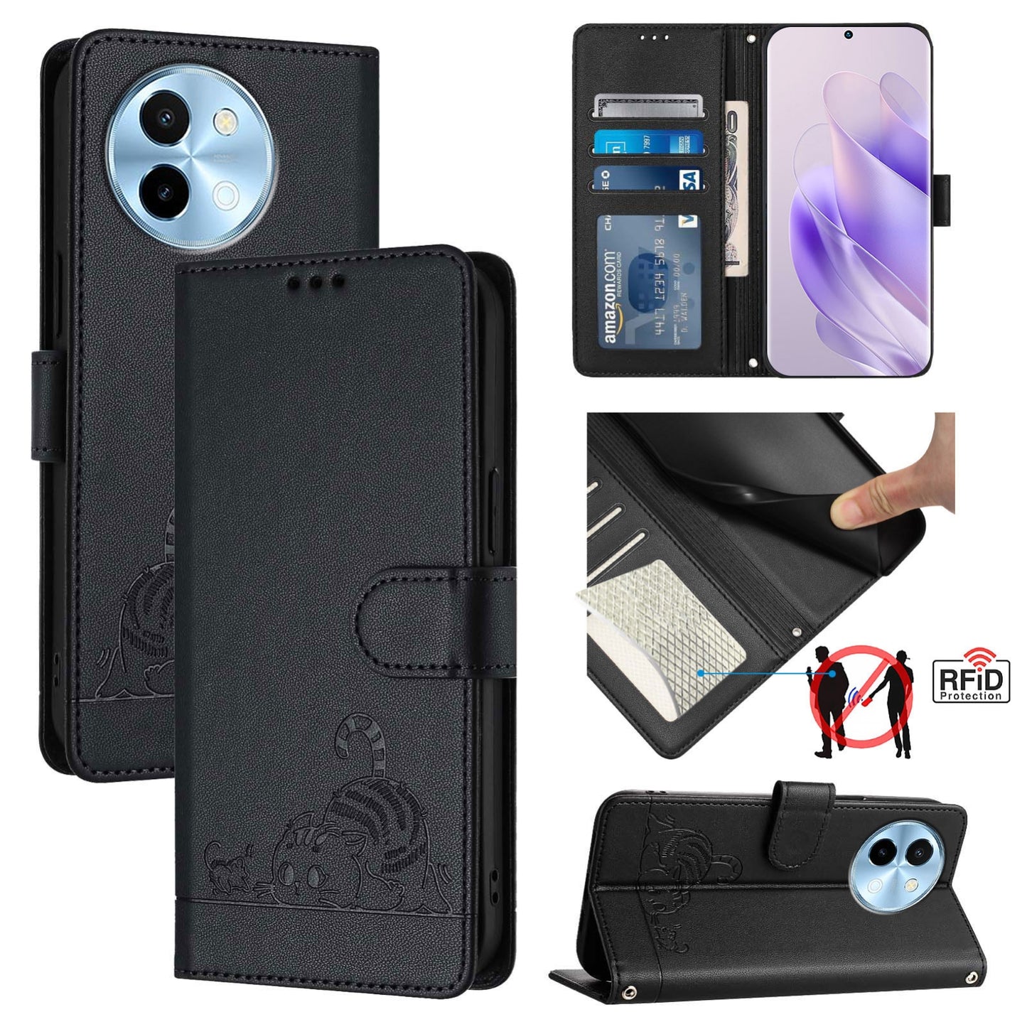 For vivo Y38 5G Cat and Rat Embossed Pattern, RFID Leather Phone Case with Lanyard, Kickstand, and Wallet Features