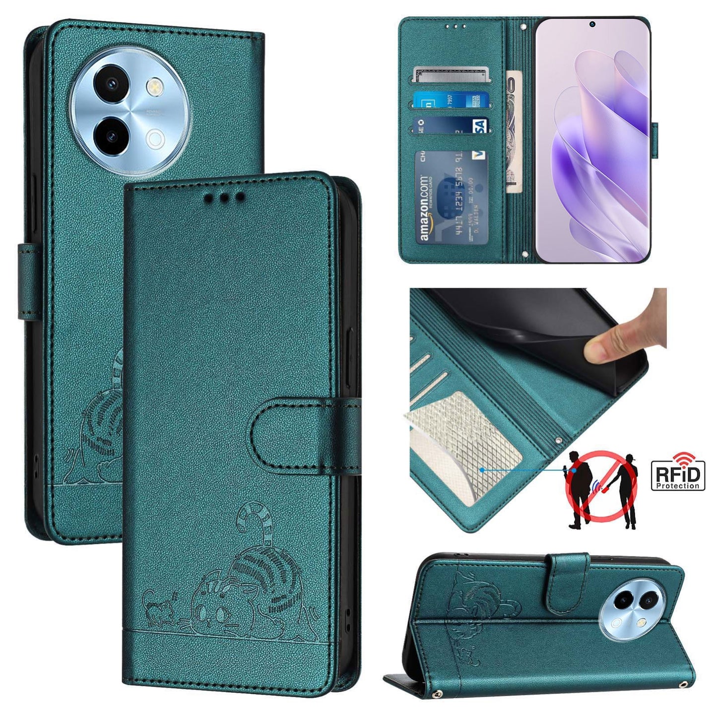 For vivo Y38 5G Cat and Rat Embossed Pattern, RFID Leather Phone Case with Lanyard, Kickstand, and Wallet Features