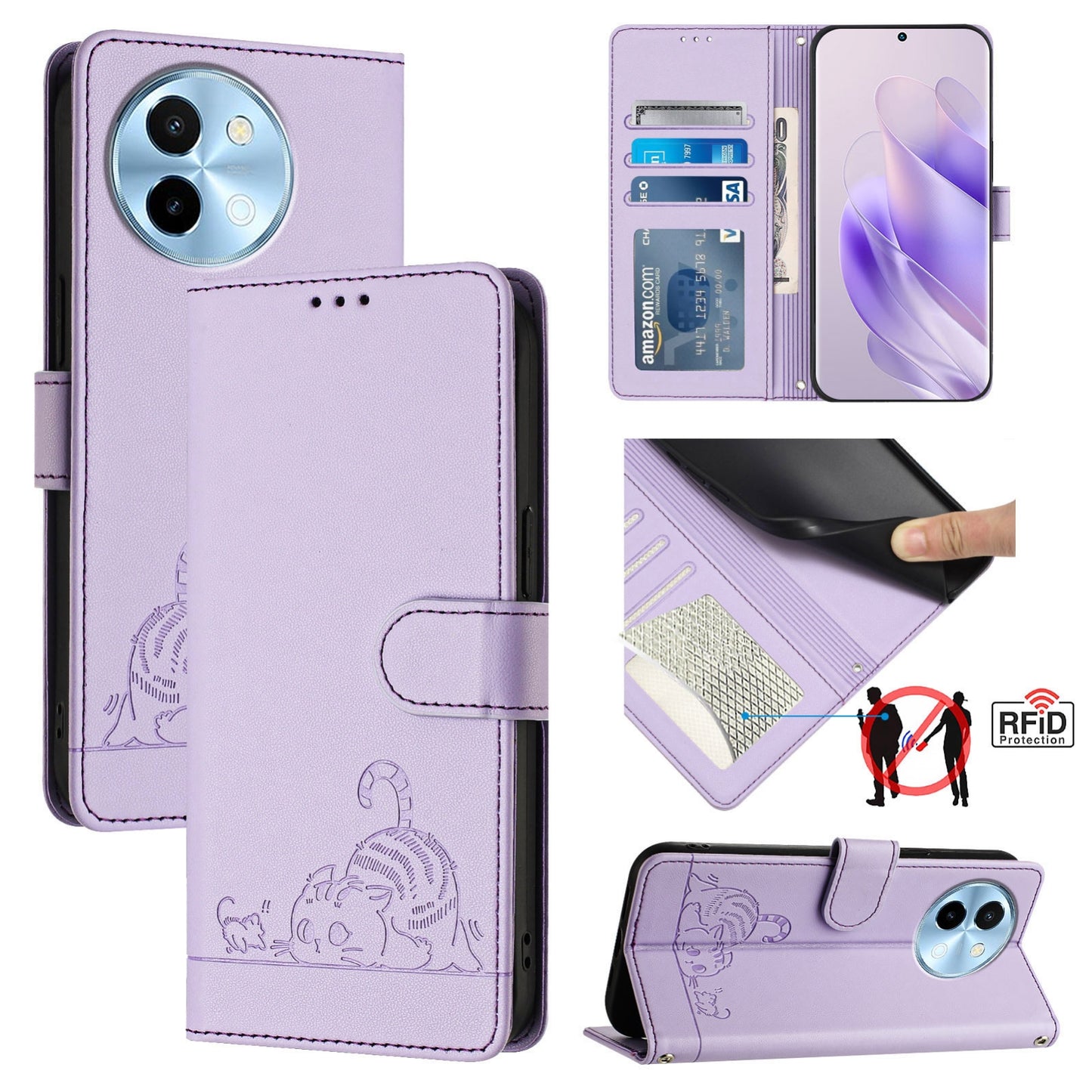 For vivo Y38 5G Cat and Rat Embossed Pattern, RFID Leather Phone Case with Lanyard, Kickstand, and Wallet Features