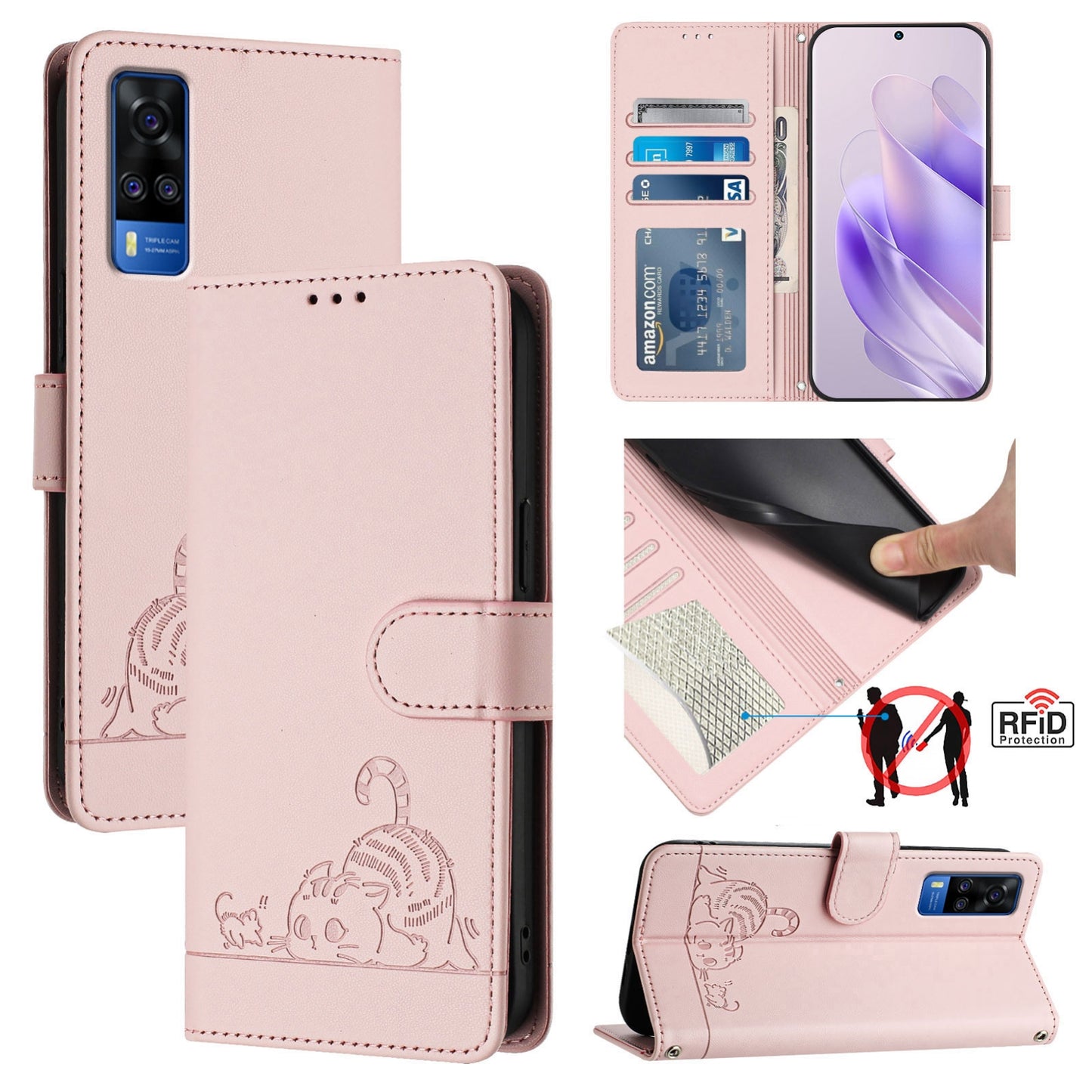 For vivo Y51A 2021 Cat and Rat Embossed Pattern, RFID Leather Phone Case with Lanyard, Kickstand, and Wallet Features