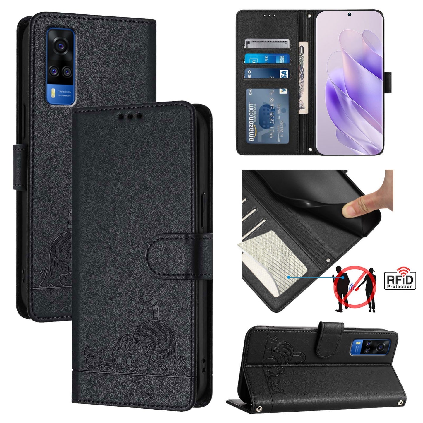 For vivo Y51A 2021 Cat and Rat Embossed Pattern, RFID Leather Phone Case with Lanyard, Kickstand, and Wallet Features