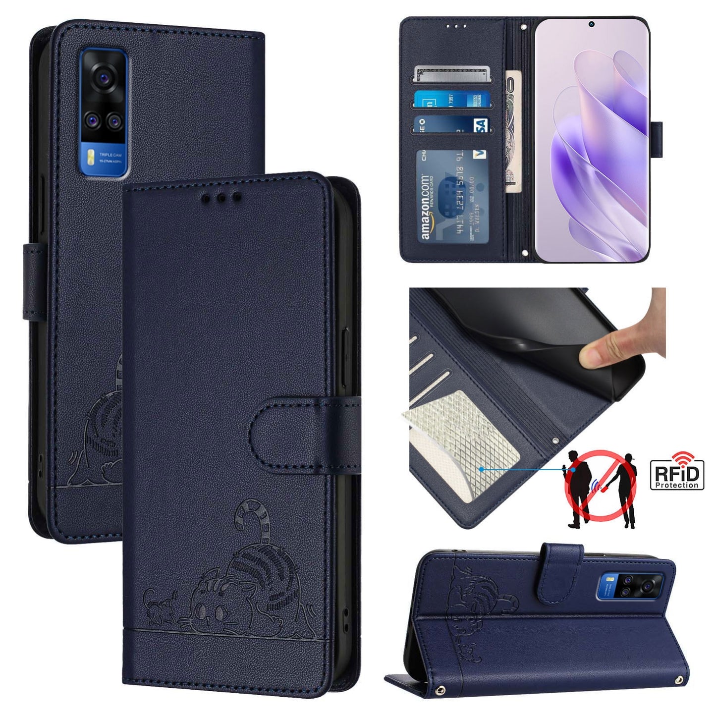 For vivo Y51A 2021 Cat and Rat Embossed Pattern, RFID Leather Phone Case with Lanyard, Kickstand, and Wallet Features