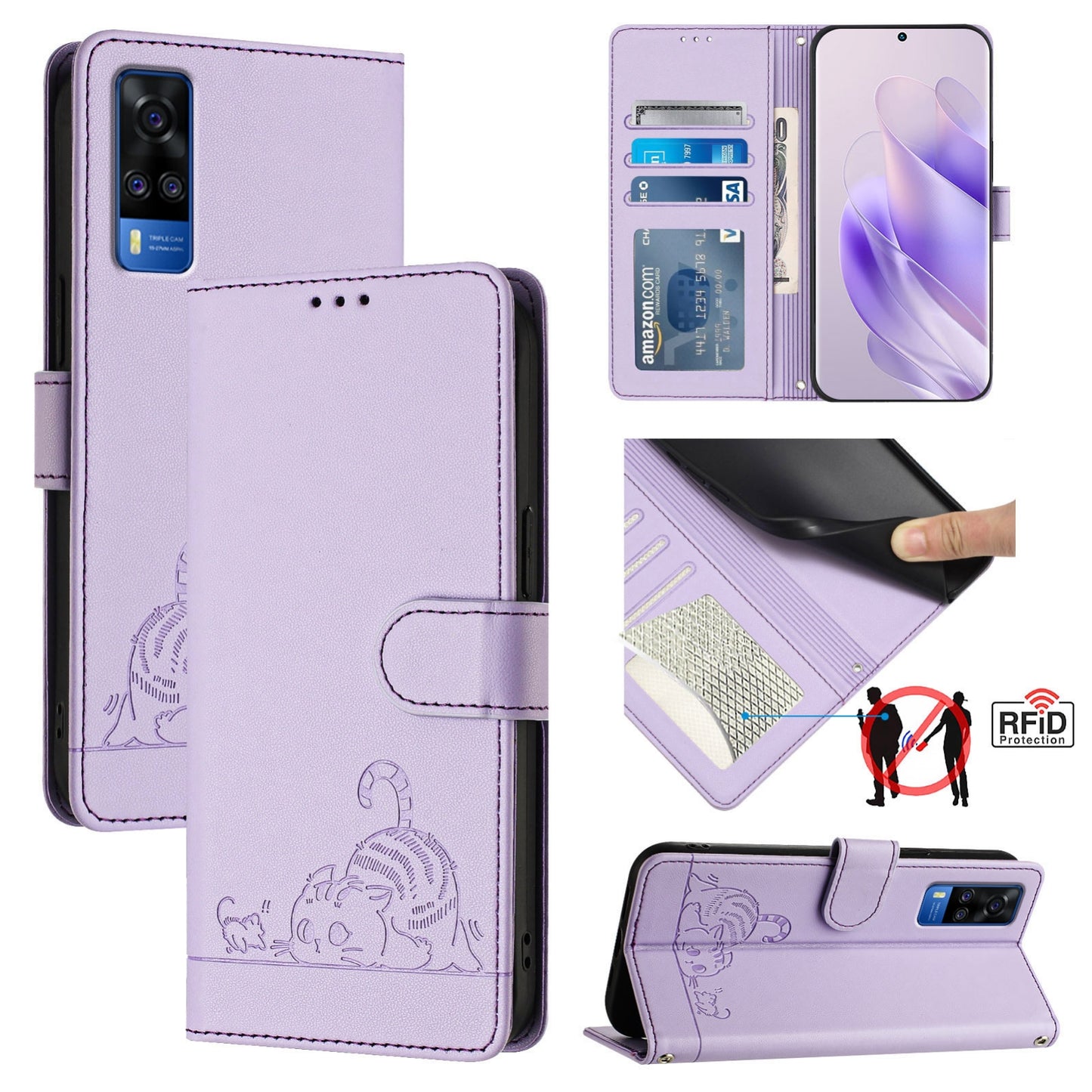 For vivo Y51A 2021 Cat and Rat Embossed Pattern, RFID Leather Phone Case with Lanyard, Kickstand, and Wallet Features