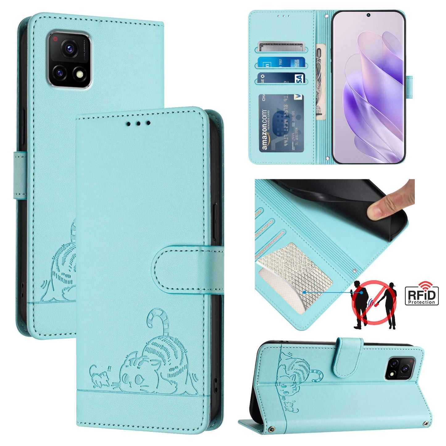 For vivo Y72 5G India Cat and Rat Embossed Pattern, RFID Leather Phone Case with Lanyard, Kickstand, and Wallet Features