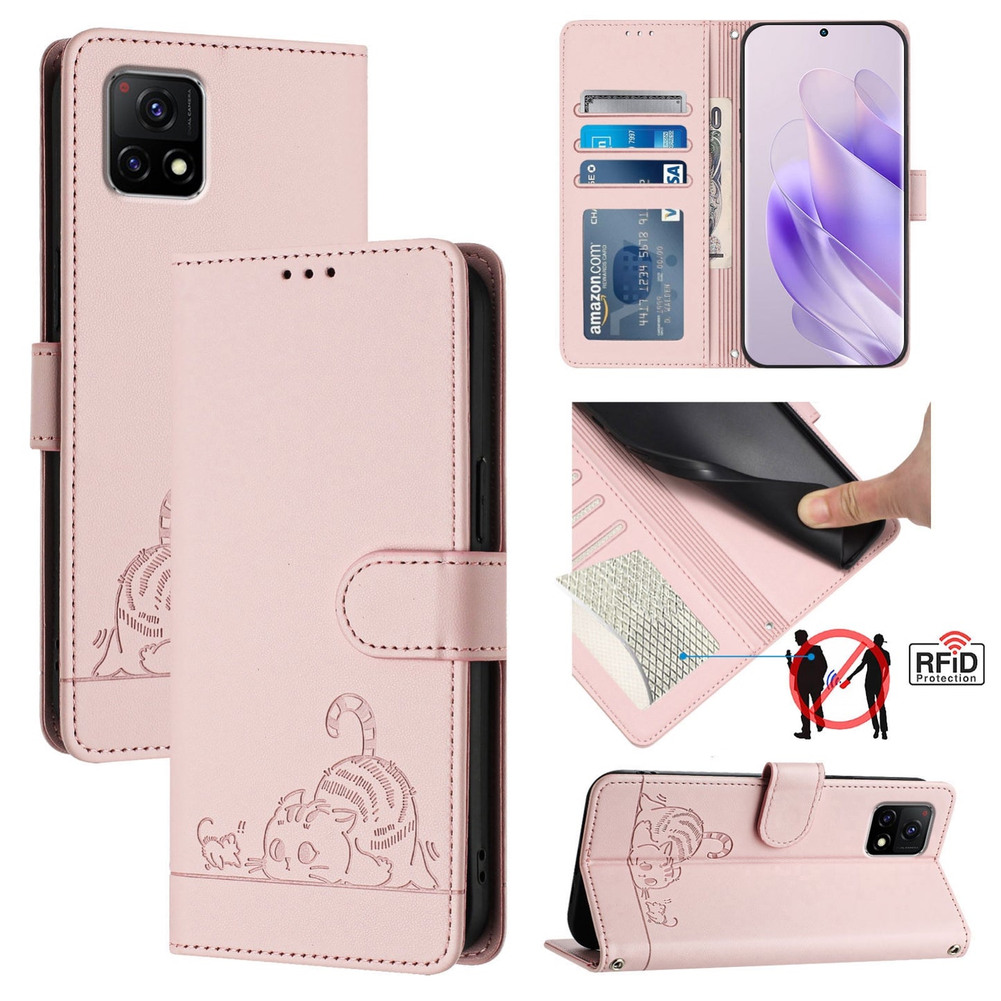 For vivo Y31S 5G Cat and Rat Embossed Pattern, RFID Leather Phone Case with Lanyard, Kickstand, and Wallet Features