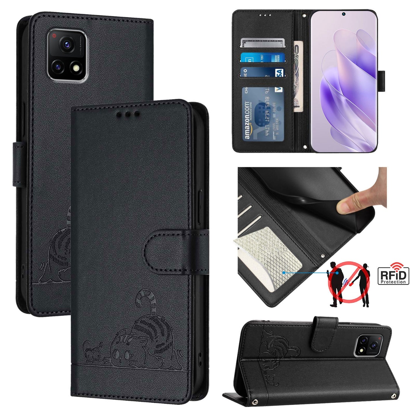 For vivo Y72 5G India Cat and Rat Embossed Pattern, RFID Leather Phone Case with Lanyard, Kickstand, and Wallet Features