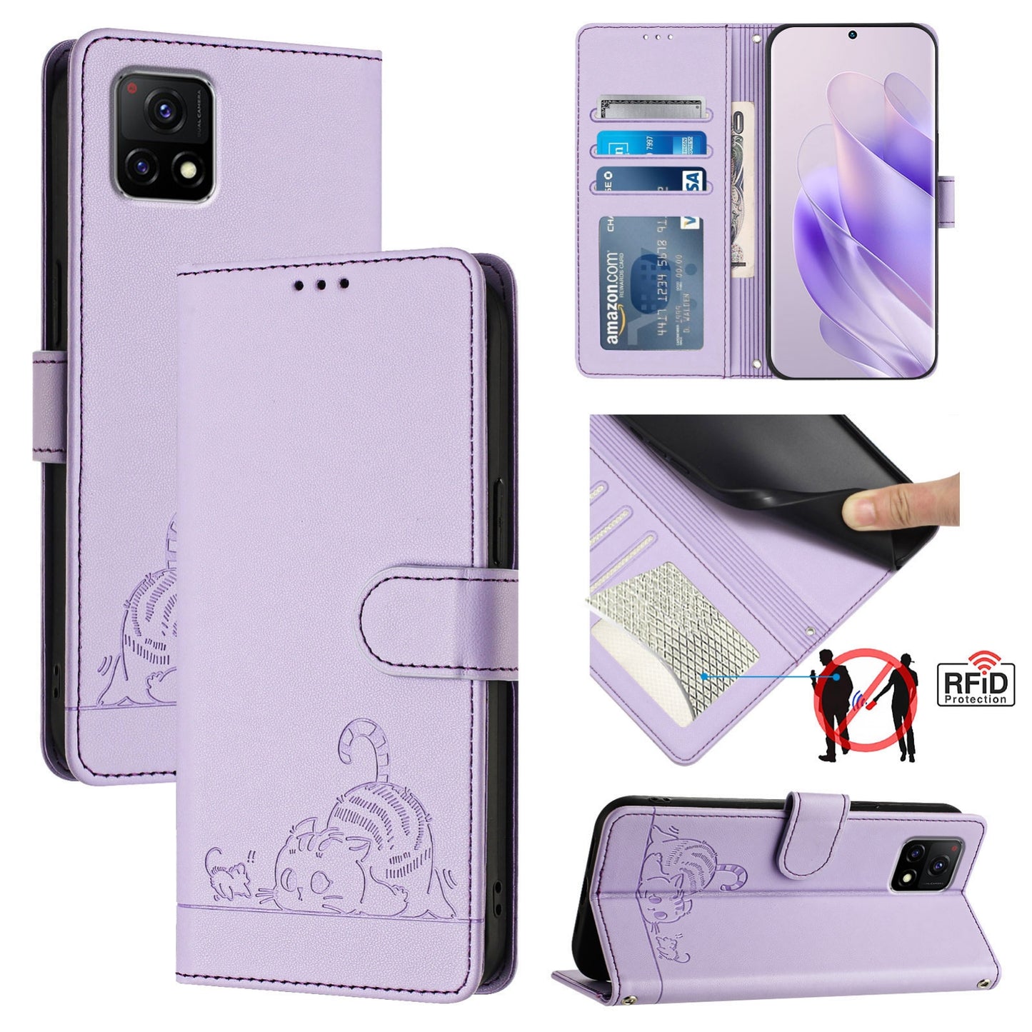 For vivo Y72 5G India Cat and Rat Embossed Pattern, RFID Leather Phone Case with Lanyard, Kickstand, and Wallet Features