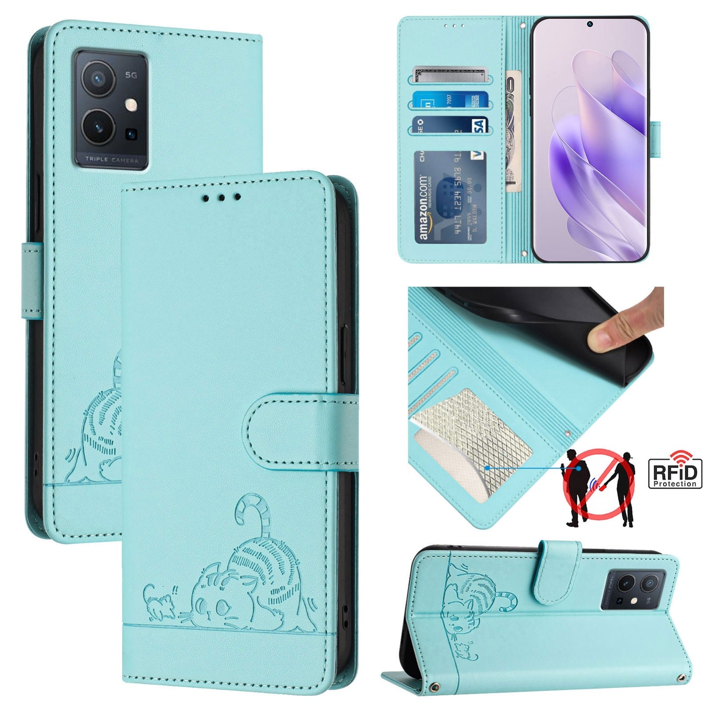 For vivo Y75 5G Global Cat and Rat Embossed Pattern, RFID Leather Phone Case with Lanyard, Kickstand, and Wallet Features