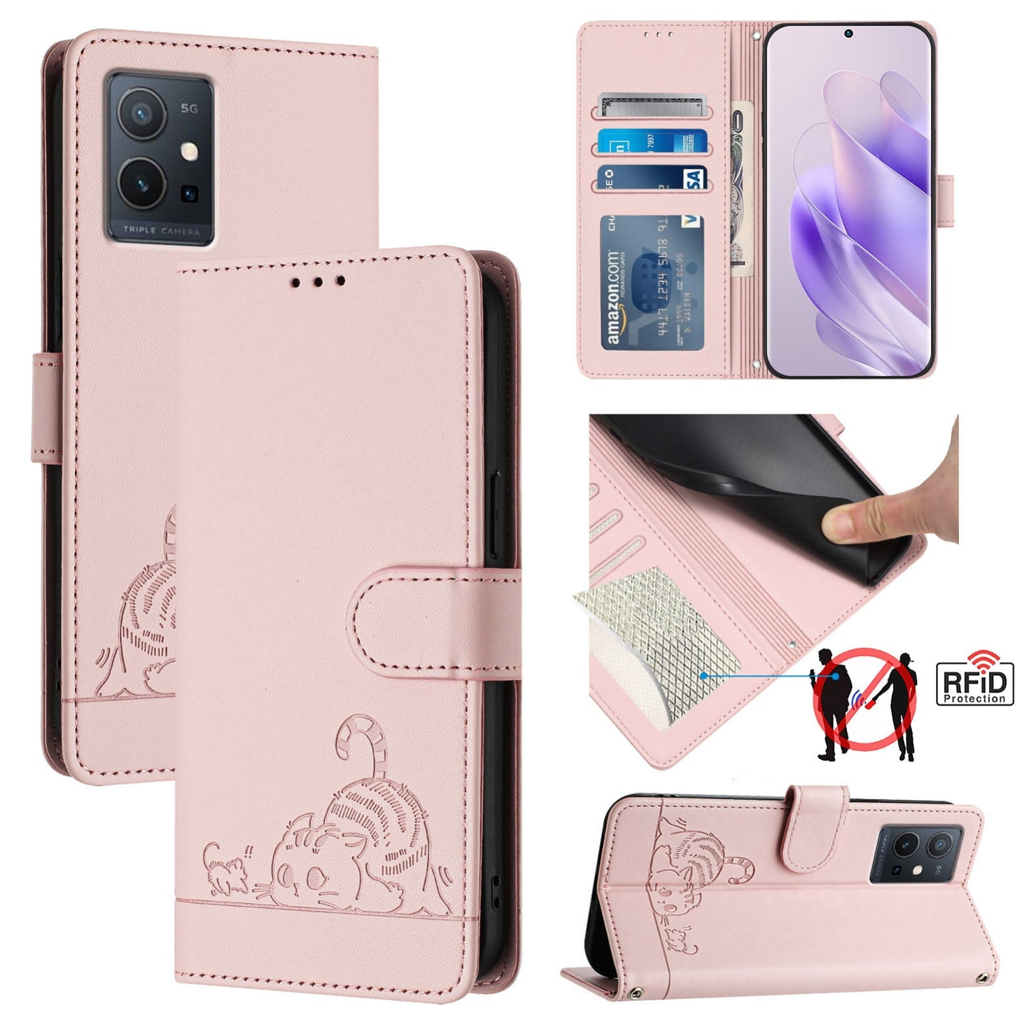 For vivo Y75 5G Global Cat and Rat Embossed Pattern, RFID Leather Phone Case with Lanyard, Kickstand, and Wallet Features