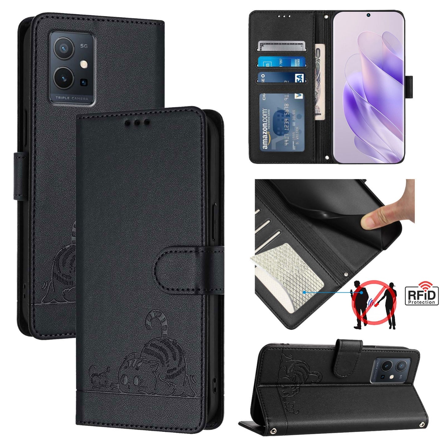 For vivo Y75 5G Global Cat and Rat Embossed Pattern, RFID Leather Phone Case with Lanyard, Kickstand, and Wallet Features