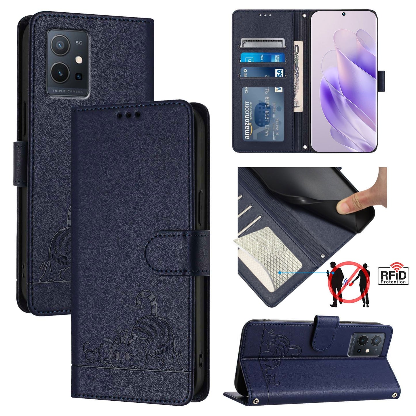 For vivo Y75 5G Global Cat and Rat Embossed Pattern, RFID Leather Phone Case with Lanyard, Kickstand, and Wallet Features