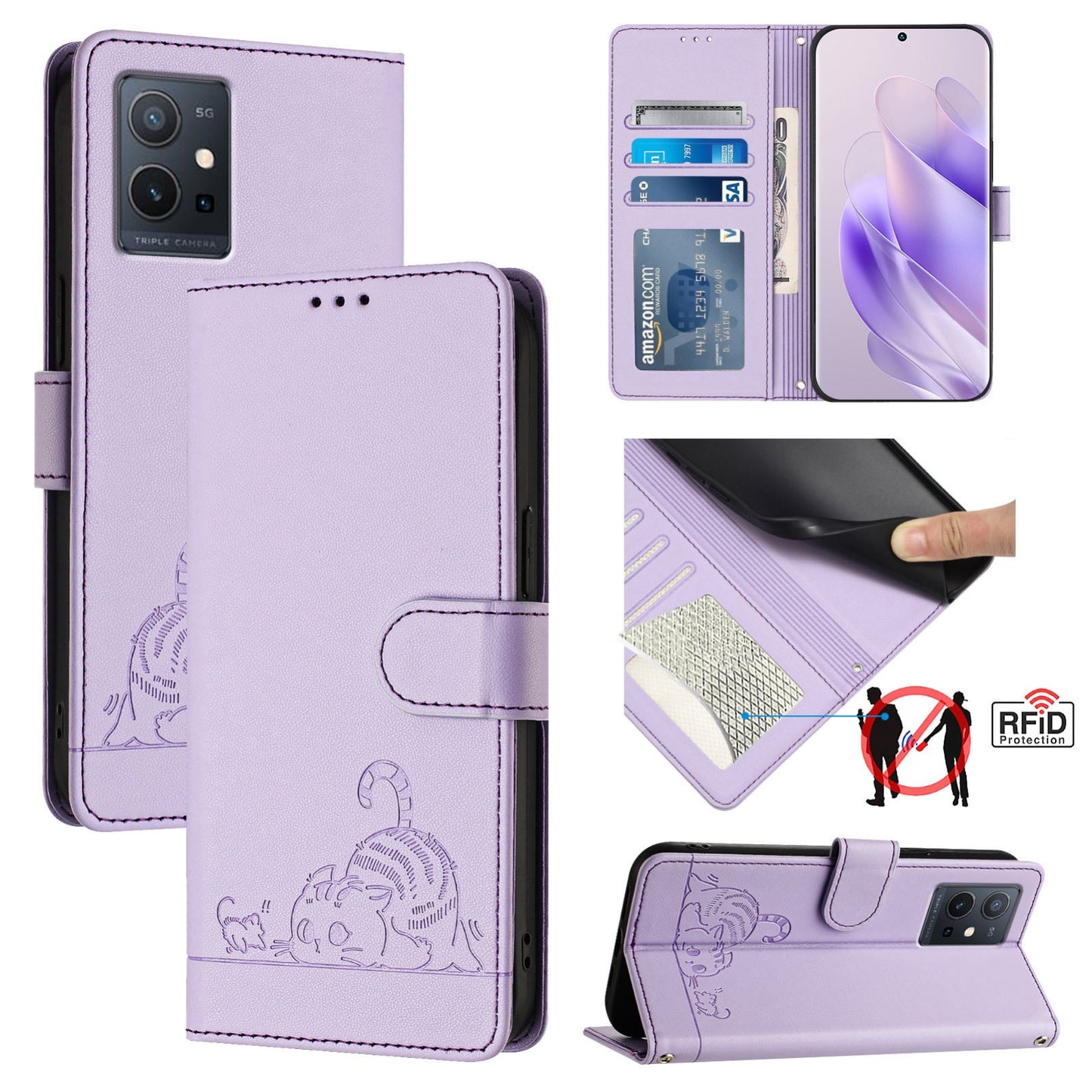 For vivo Y75 5G Global Cat and Rat Embossed Pattern, RFID Leather Phone Case with Lanyard, Kickstand, and Wallet Features