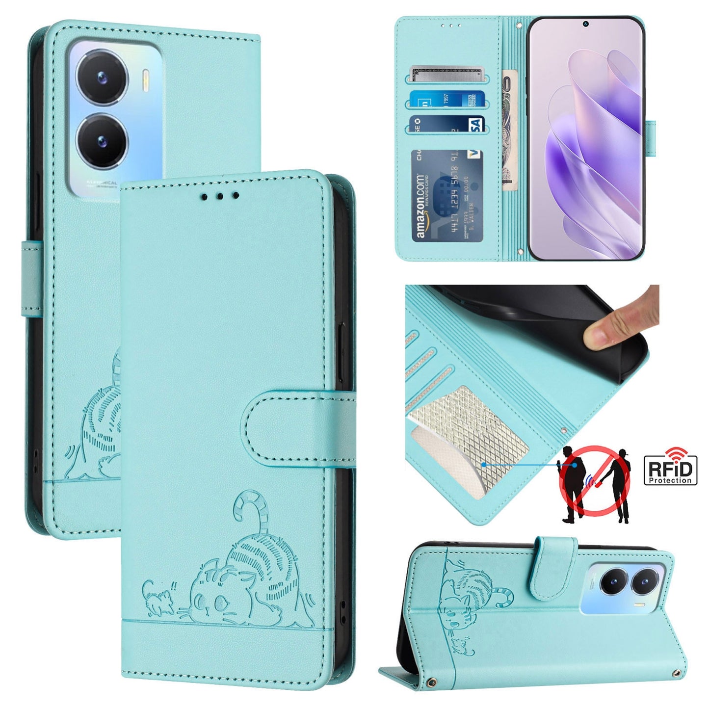 For vivo Y56 5G Global Cat and Rat Embossed Pattern, RFID Leather Phone Case with Lanyard, Kickstand, and Wallet Features